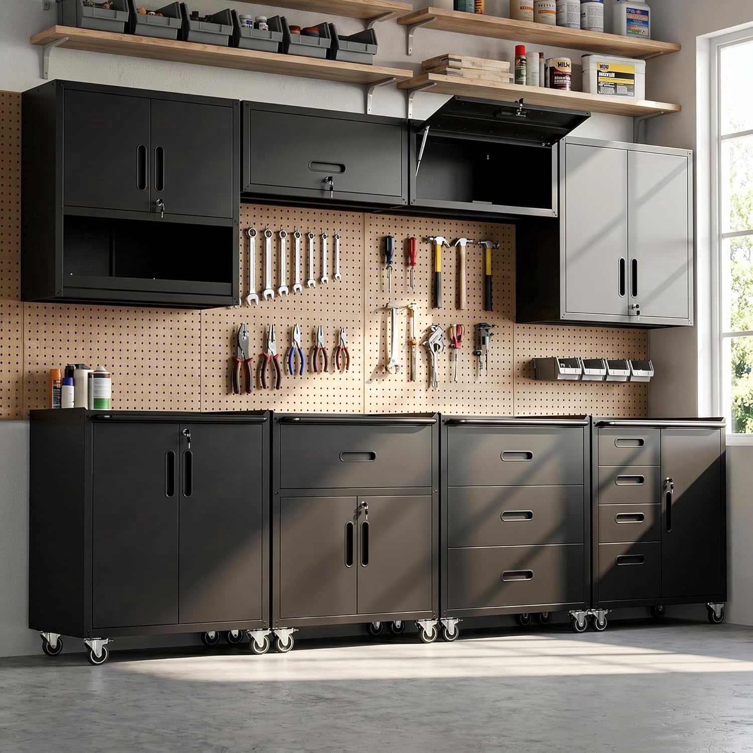 IKIMI 8-Piece Heavy Duty Garage Cabinet System with Workbench, Lockable Steel Storage Cabinets (Black, 8-Piece Set) ysc7z