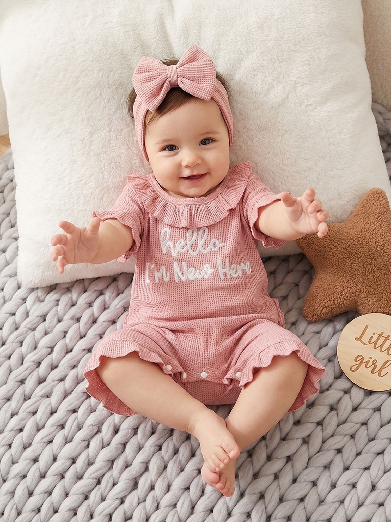 BemeyourBBs Newborn Baby Girl Summer Romper and Headband Set (Pink, Preemie) vm8b2