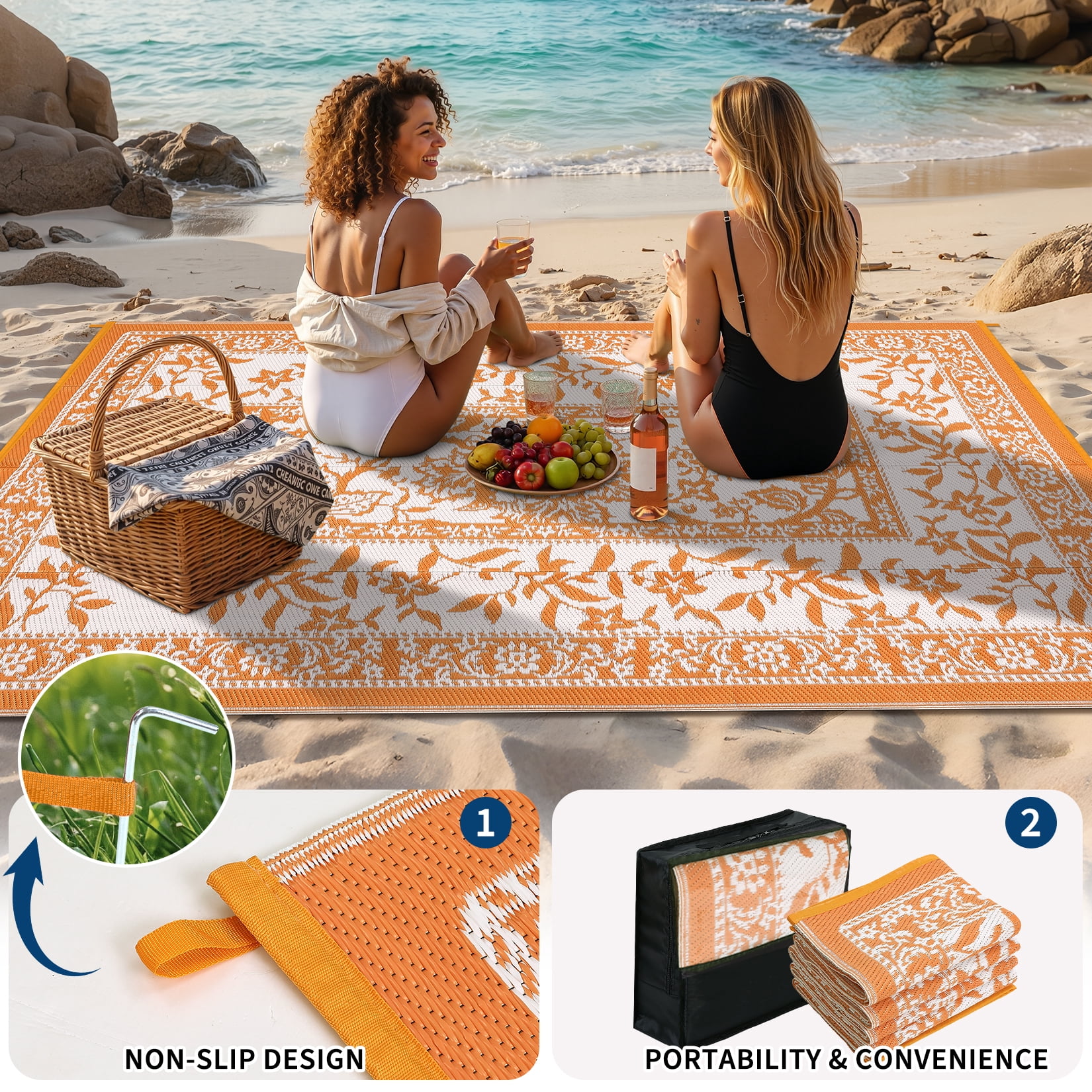 NANAN Outdoor Rug, Waterproof Plastic Straw Patio Mat, Botanical Floral Pattern for Deck Beach RV (Orange White, 8 ft x 10 ft) 542lf
