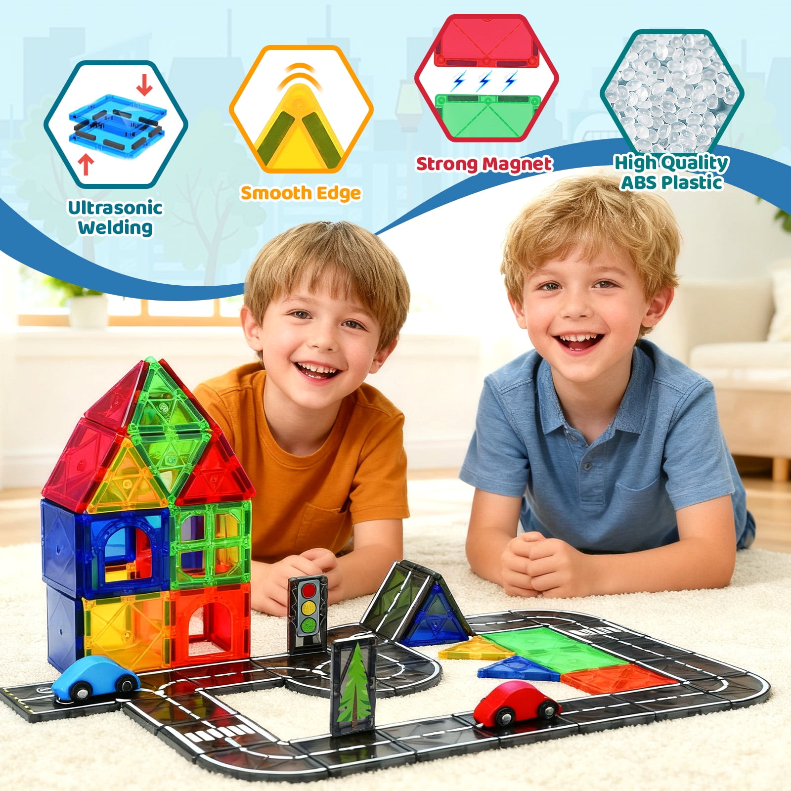 FunMagic Magnetic Tiles Road Set, STEM Building Blocks with 2 Cars, Creative City Construction Toy (Black, 60 Pieces) l1m5x
