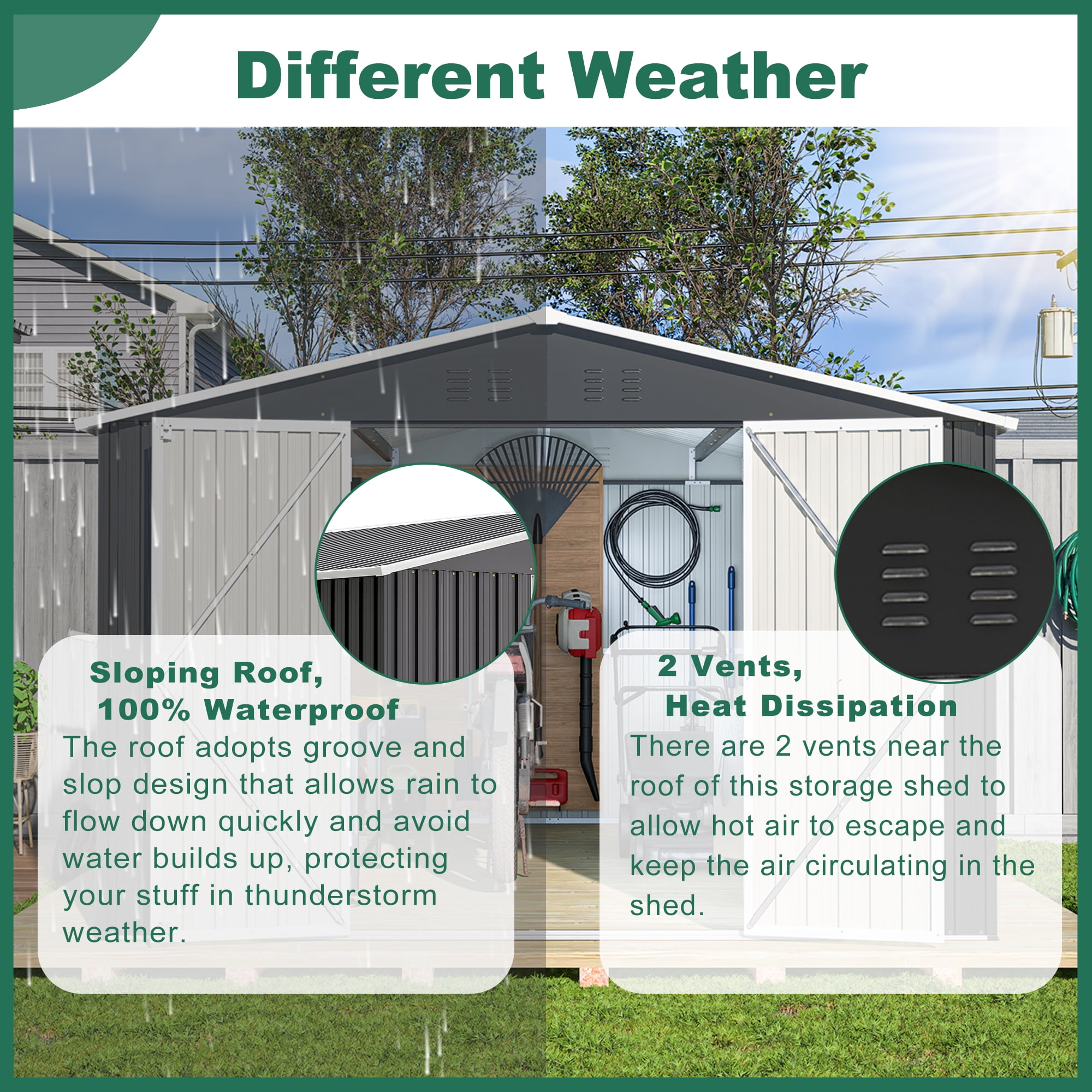 MAYEERTY Outdoor Metal Storage Shed, Galvanized Steel Tool Organizer with Sloped Roof and Lockable Doors (Black, 8 ft x 8 ft) yfgkq