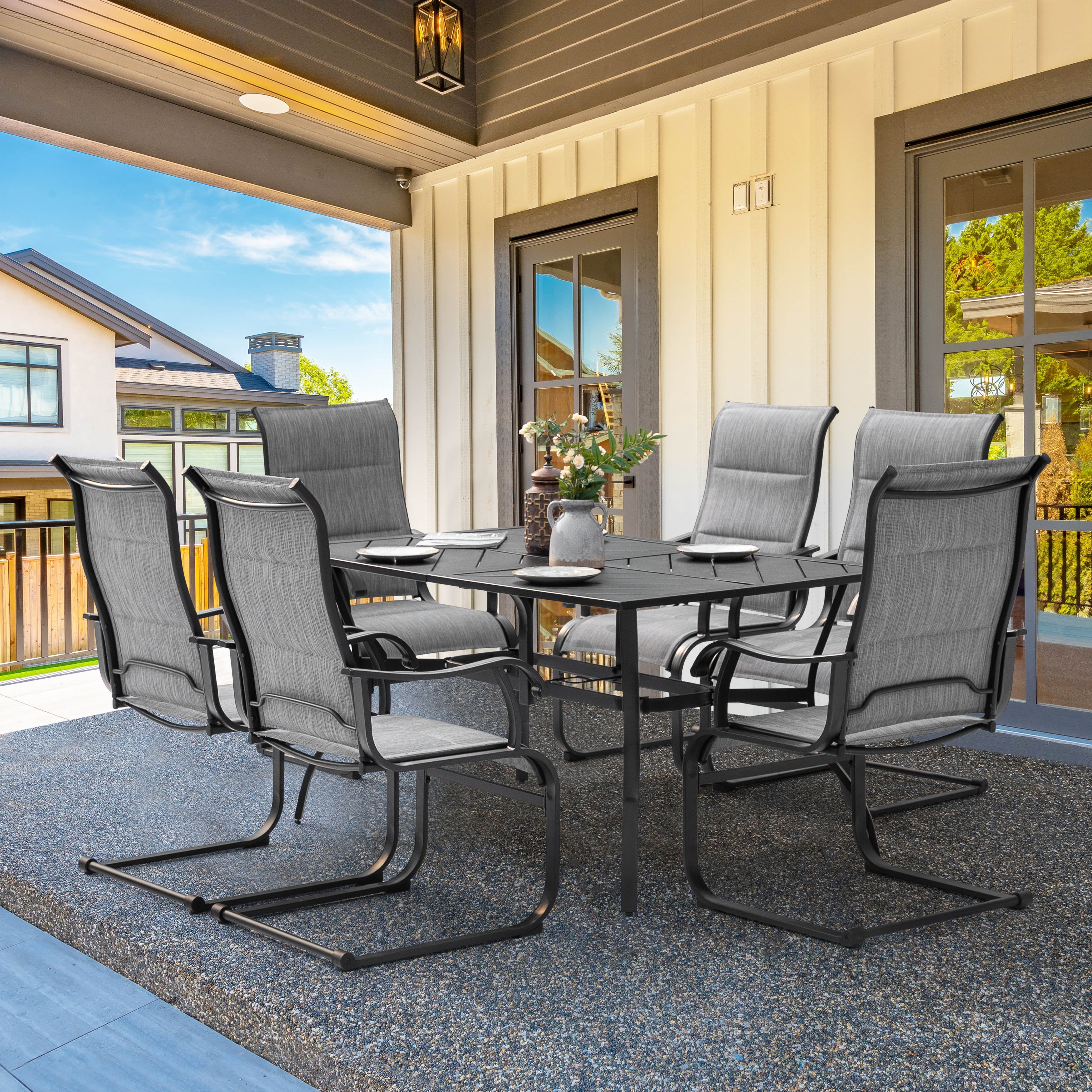 Nuu Garden 7 Piece Outdoor Dining Set, Padded Textilene Patio Chairs and 61 in Rectangular Table with Umbrella Hole (Grey & Black, 7 Piece Set) xlxqj