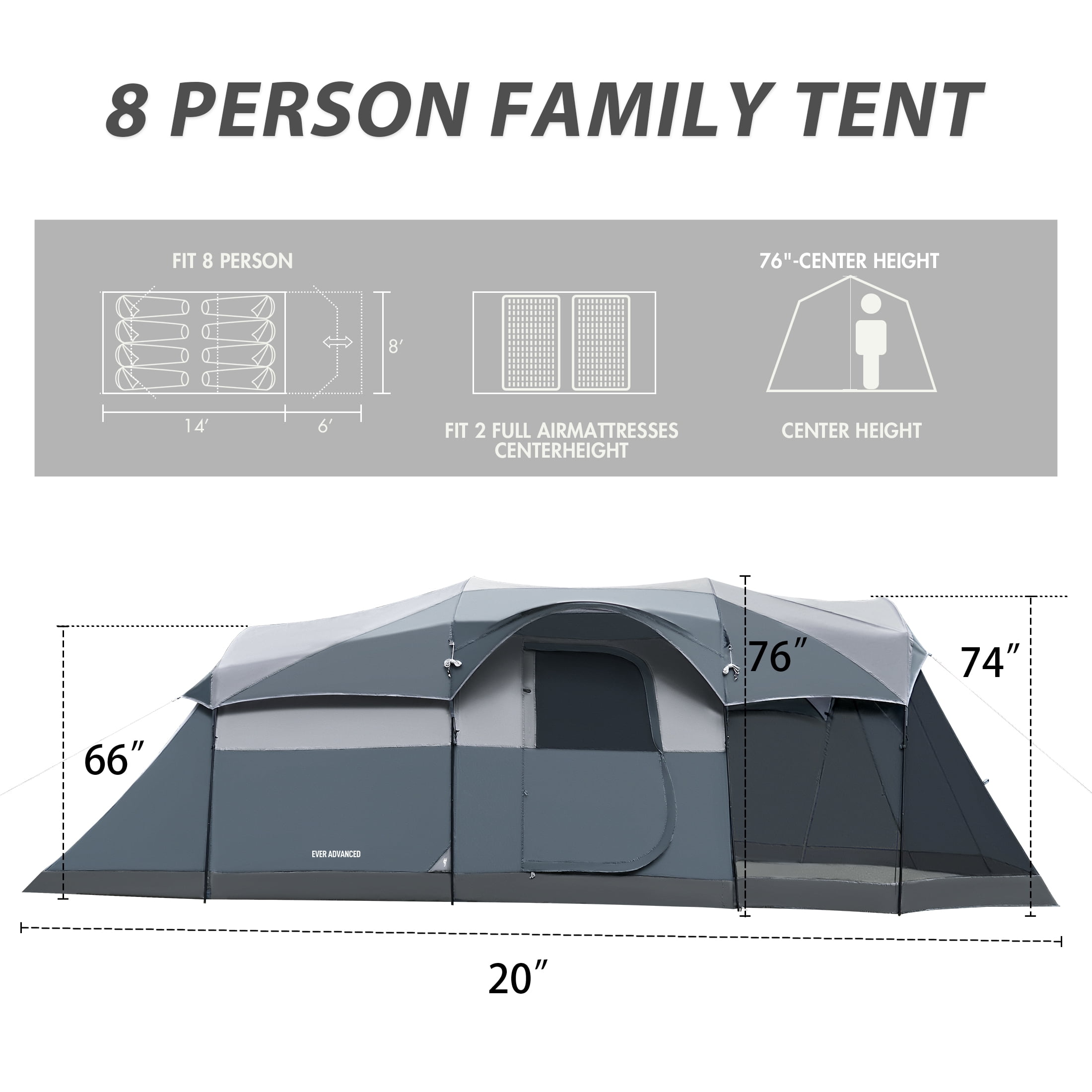 EVER ADVANCED 8 Person Family Camping Tent with Screen Porch and Rainfly (Gray, 20 ft x 8 ft x 6.3 ft) 654mm
