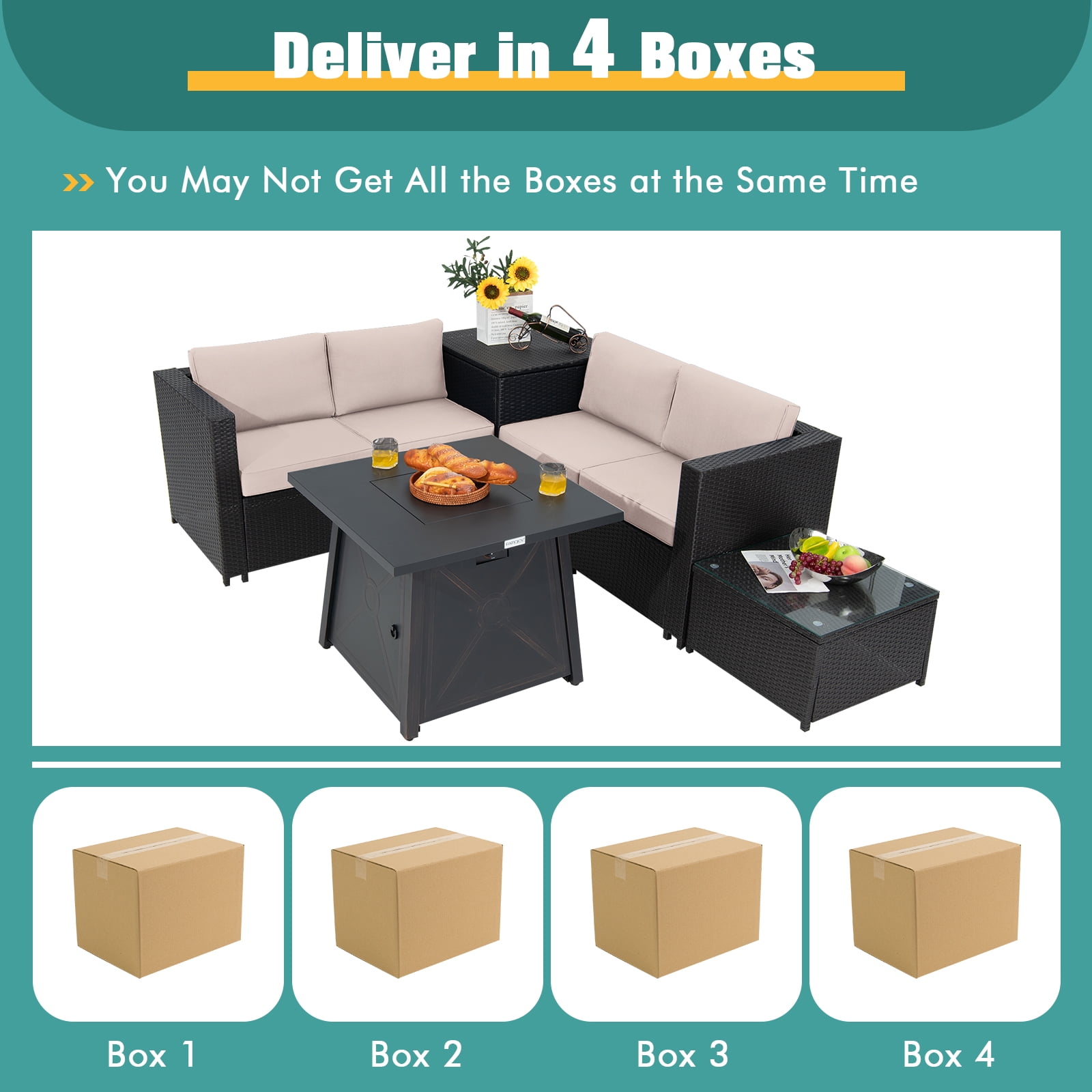 Topbuy 5-Piece Outdoor Patio Furniture Set with Propane Fire Pit Table and PE Wicker Conversation Seating (Beige, 5-Piece) 8dvxh