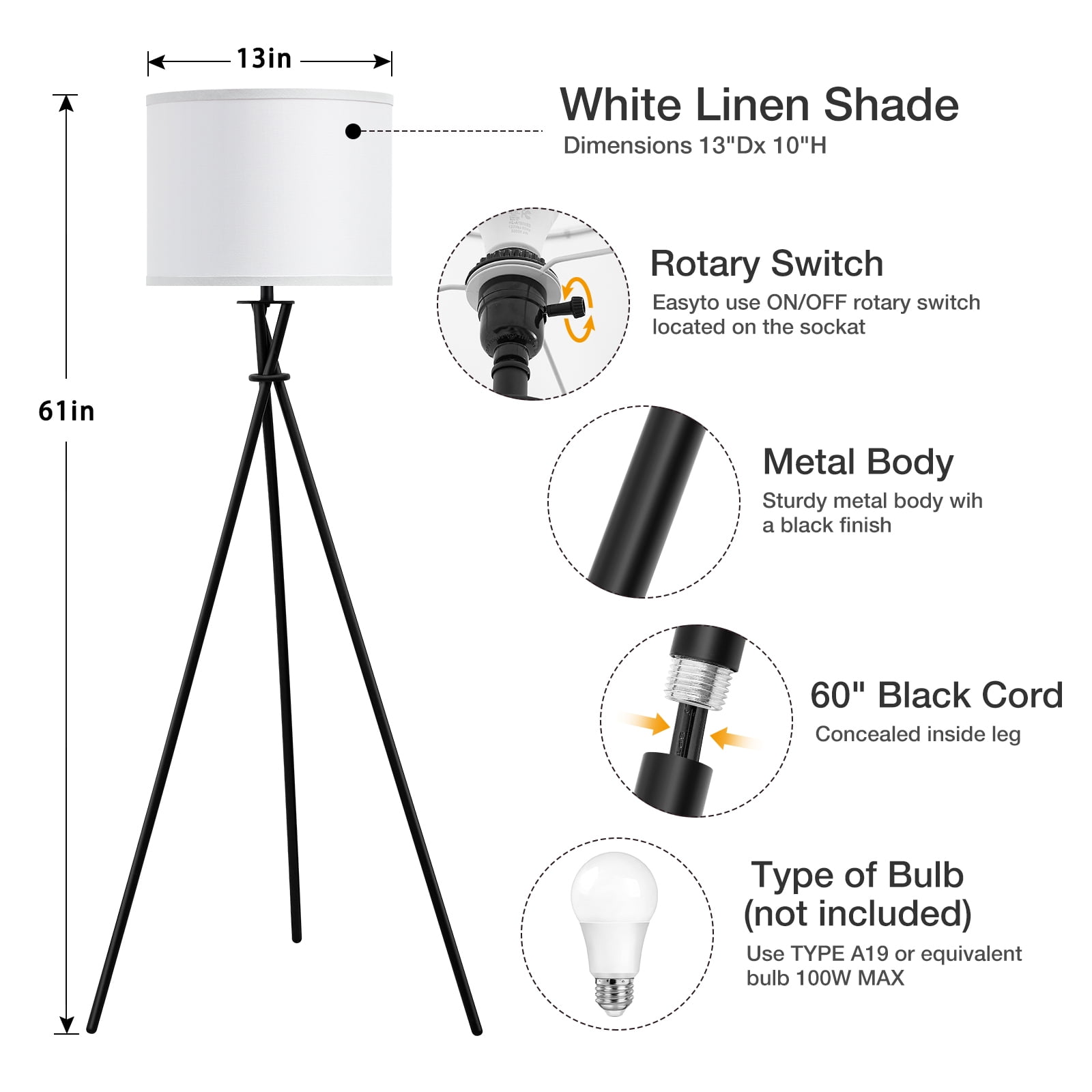 NATYSWAN Modern Tripod Floor Lamp for Living Room, Tall Standing Lamp with White Fabric Shade (Black, 61 in) 1e2dr