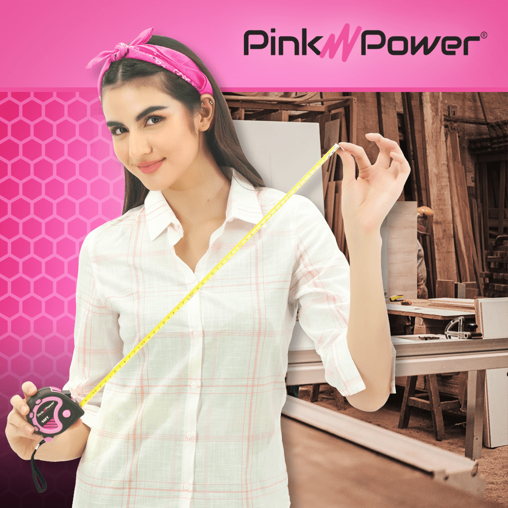 Pink Power Retractable Measuring Tape with Lock Button and Belt Clip (Pink, 16 ft) 1s5q1