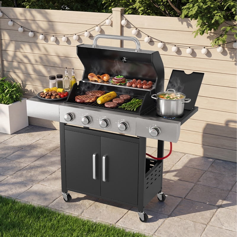 Opohoro 4-Burner Propane Gas Grill with Side Burner (465 Sq. In. Cooking Area, Black) 58n4x