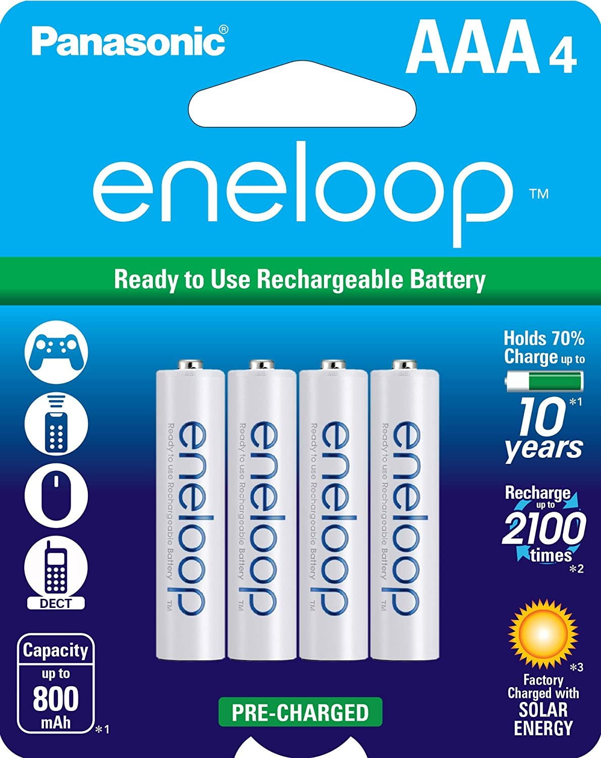 eneloop AAA Ni-MH Rechargeable Batteries, Pre-Charged Long-Lasting Power (4 Pack) ymnhf