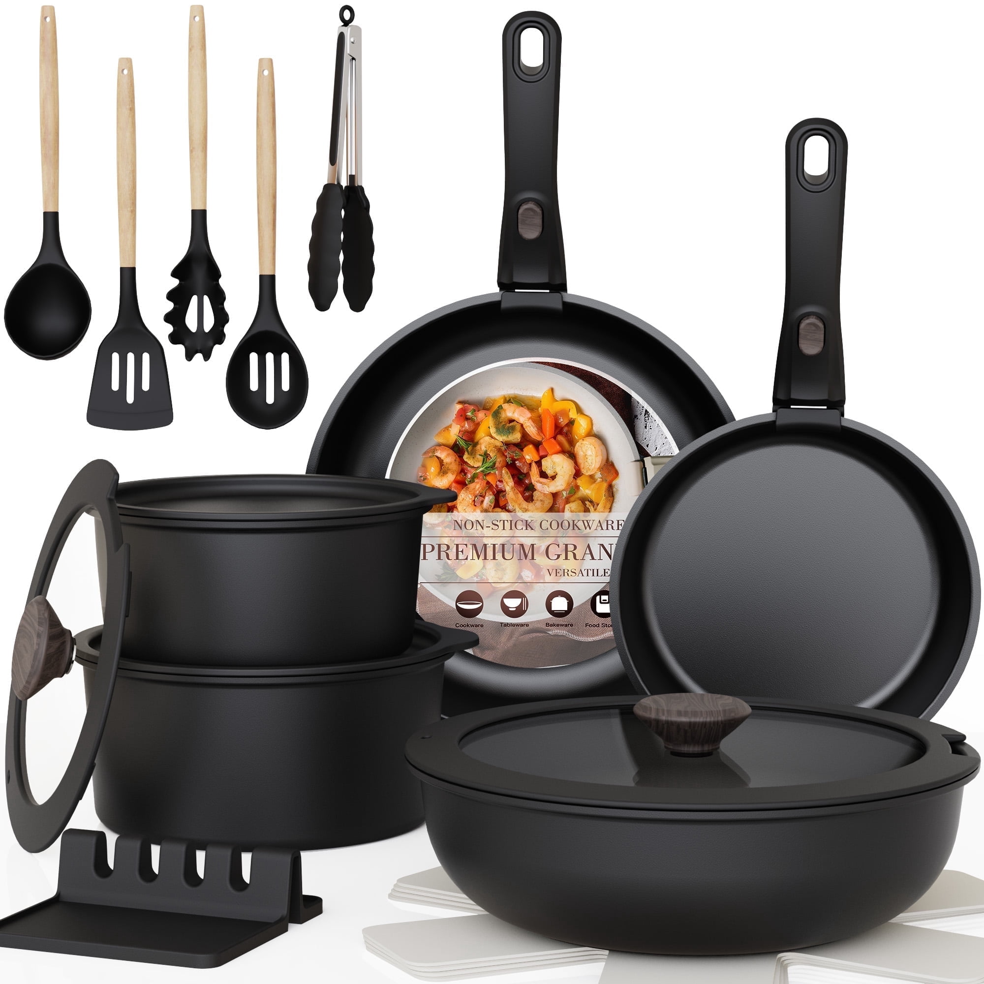 Astercook 20-Piece Nonstick Cookware Set, Detachable Handle Pots and Pans, Induction Compatible, Stackable for RV Kitchen (Black, 20-Piece) fmhtk