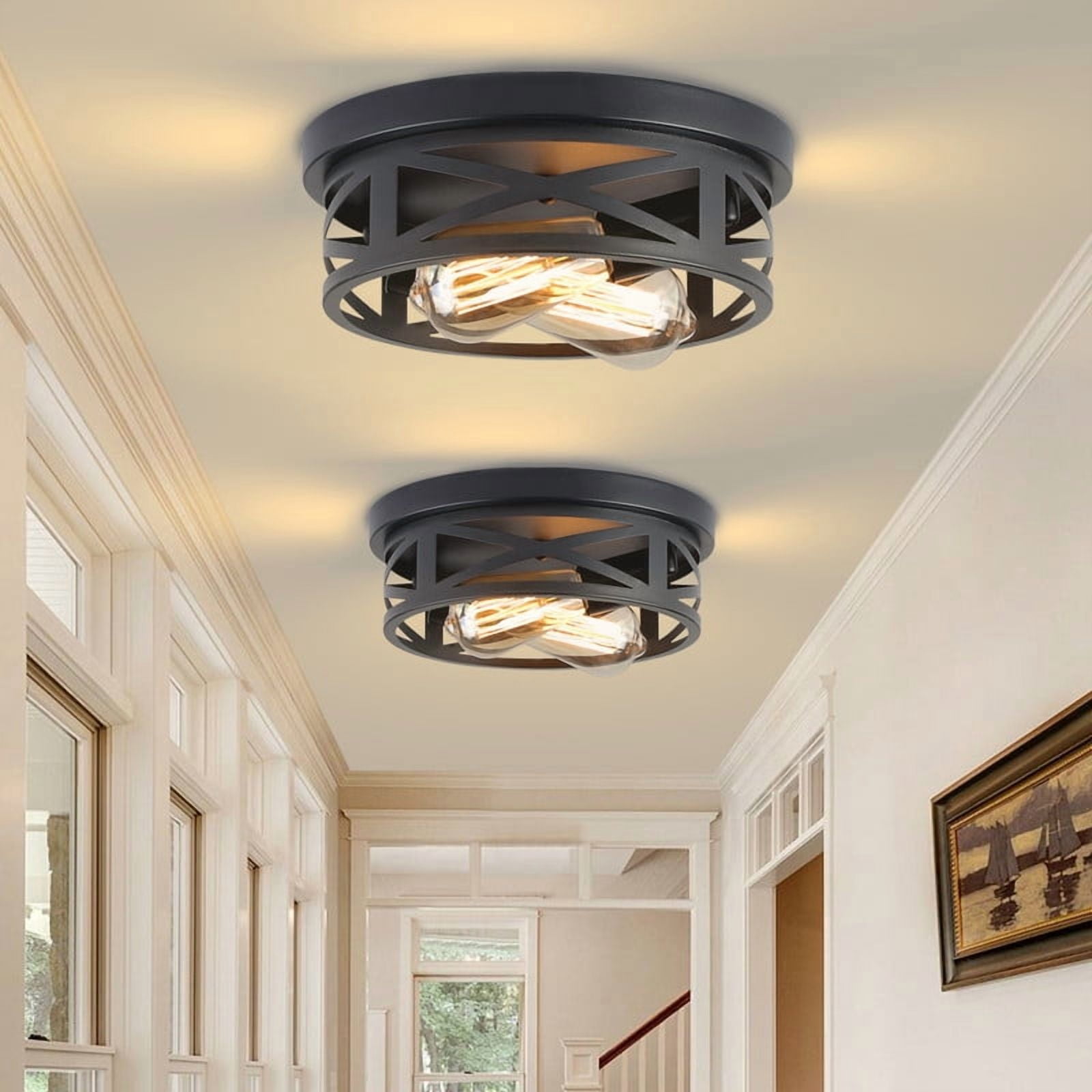 GCGAFUL Farmhouse Flush Mount Ceiling Light, Vintage Round Metal Fixture for Kitchen and Bedroom (Matte Black, 10.8 in, 2 Pack) yyrij