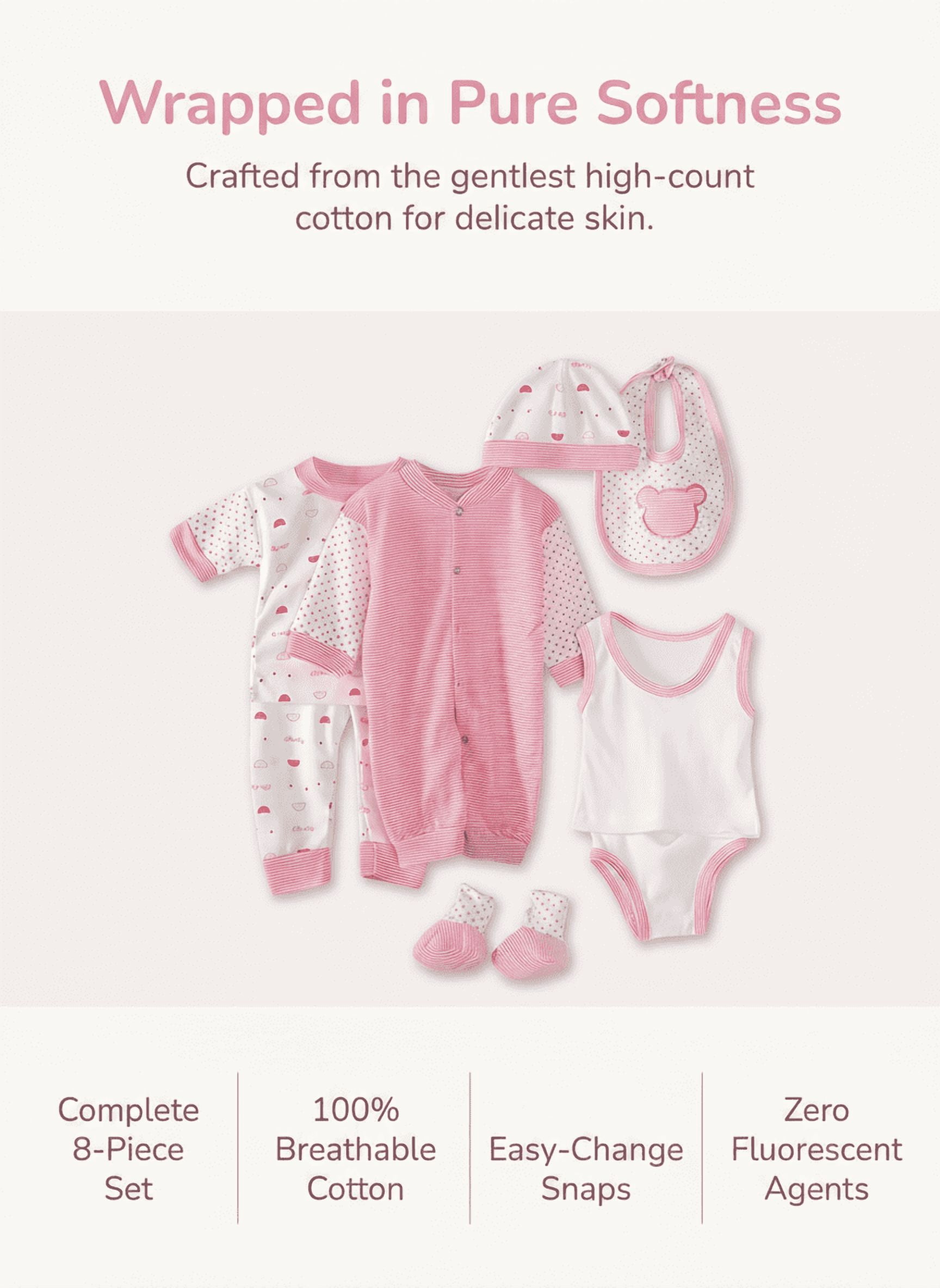 Odeerbi Newborn Baby Layette Set 8-Piece Cotton Outfit with Romper and Accessories (Pink, 0-3 Months) 71kcr