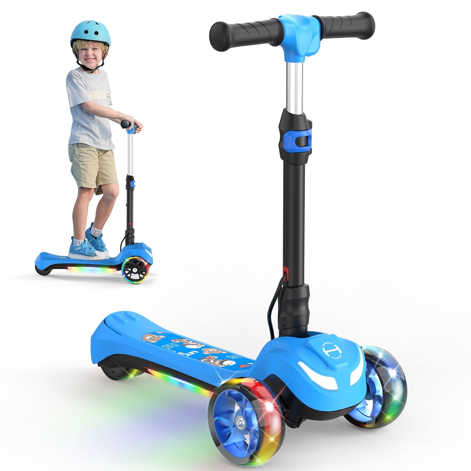 Rolldustry Electric Scooter for Kids, Foldable 3-Wheel Ride-On with LED Lights and Adjustable Handlebar (Blue, 110 lb Capacity) ye9w7