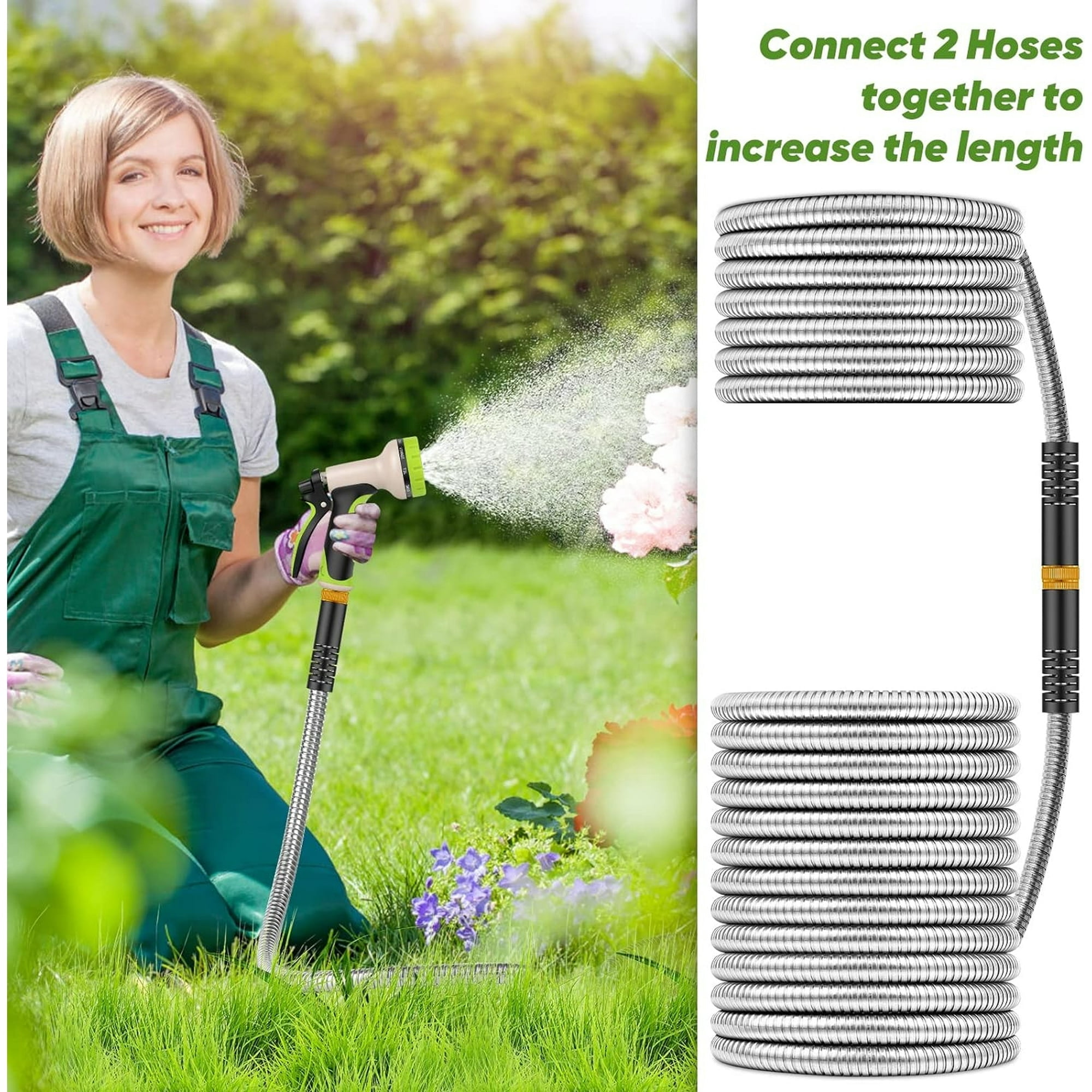 Teblint 304 Stainless Steel Garden Hose, Heavy-Duty Flexible Water Hose with 10-Function Nozzle (Silver, 50 ft) ij93i