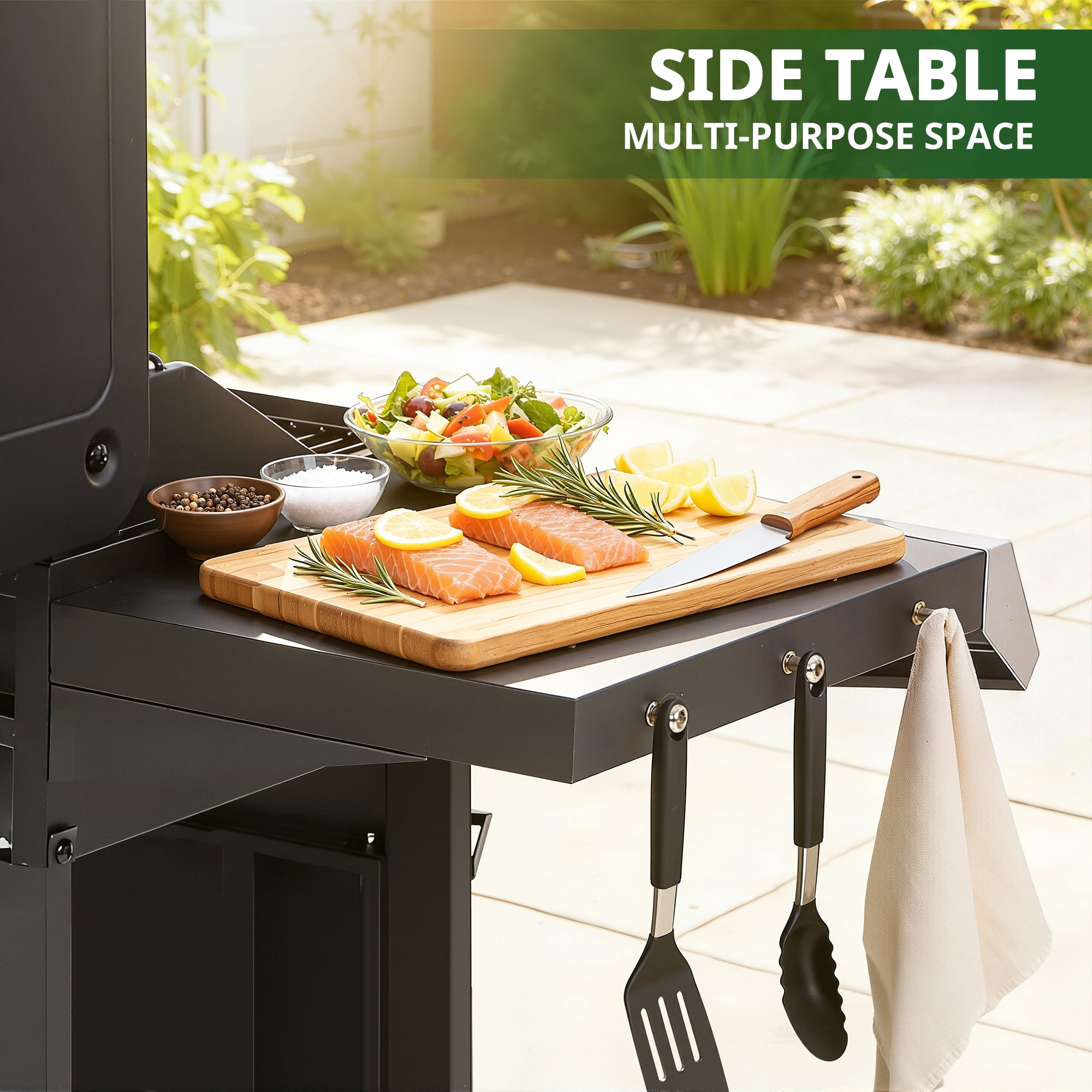 Seizeen 3-Burner Propane Gas Grill with Side Burner and Storage Cabinet (Black, 40,000 BTU) eqsts