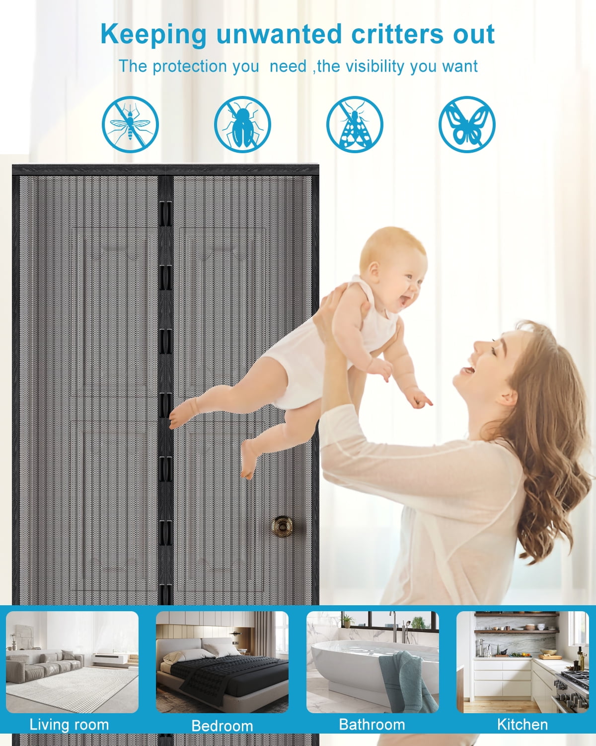 Entesi Self-Closing Magnetic Screen Door, High-Density Polyester Mesh Barrier for Patio and Entryway (Black, 38 in x 82 in) 68rwd