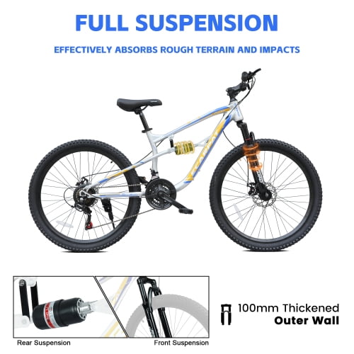 Harmie Mountain Bike Full Suspension 21-Speed Steel Frame Disc Brakes (Blue, 26 in) mz6qy