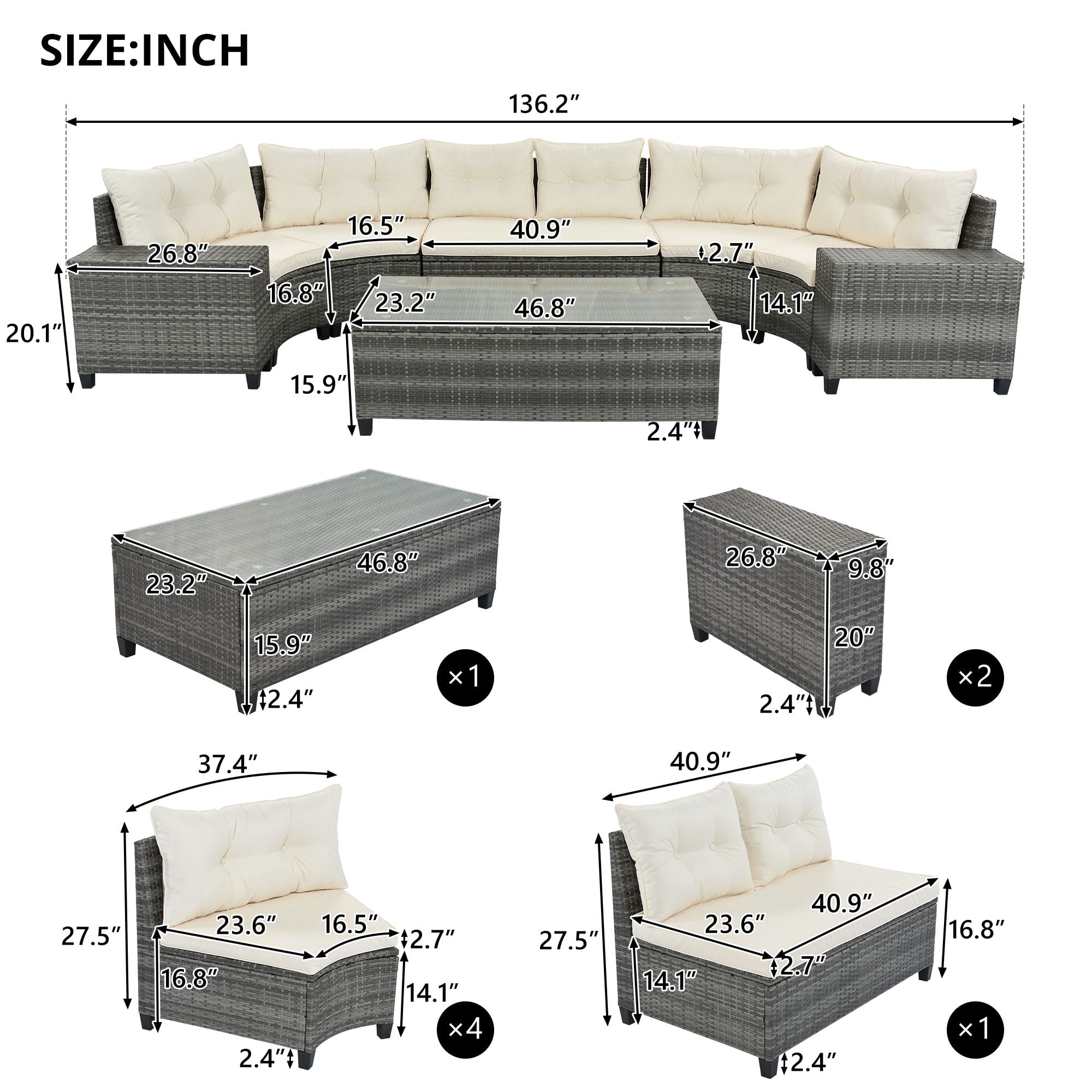 Rhomtree 8-Piece Half-Moon Outdoor Patio Furniture Set, Sectional Rattan Sofa with Coffee Table and Cushions (Beige) kks3i