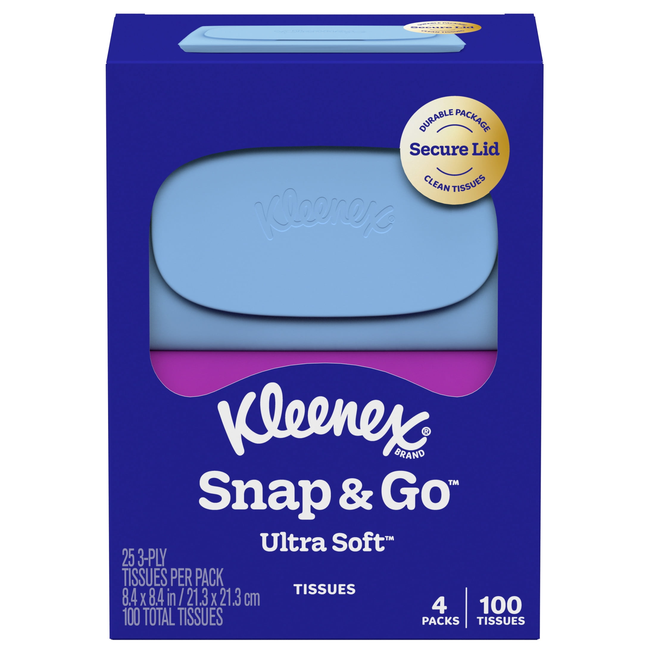 Kleenex Snap & Go Ultra Soft 3-Ply Facial Tissues (White, 4 Pack, 100 Tissues Total) 753mg