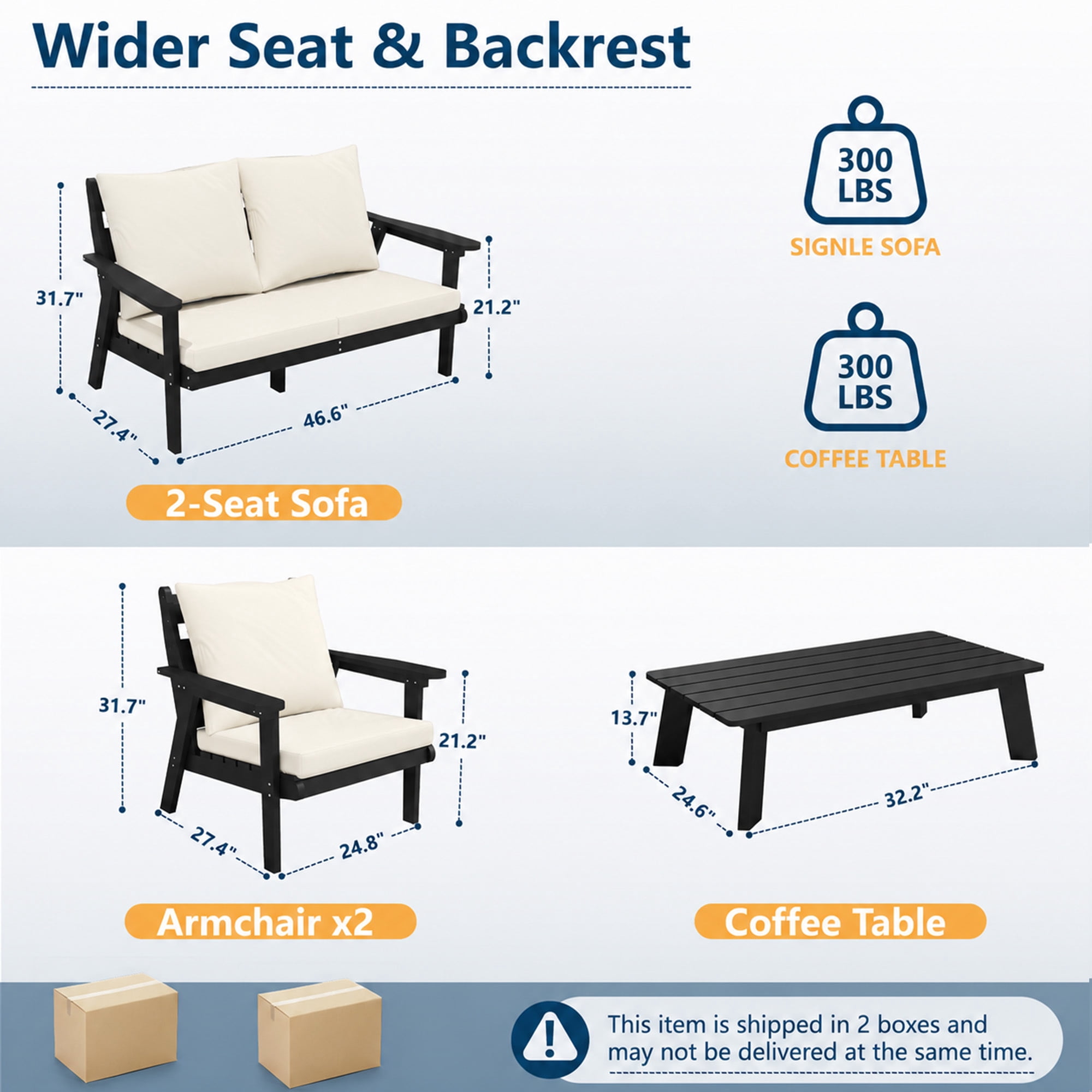 FOOWIN 4-Piece Patio Furniture Set, Weather-Resistant HDPE Outdoor Conversation Set with Cushions (Black Frame, Beige Cushion, 4-Piece Set) t7gph