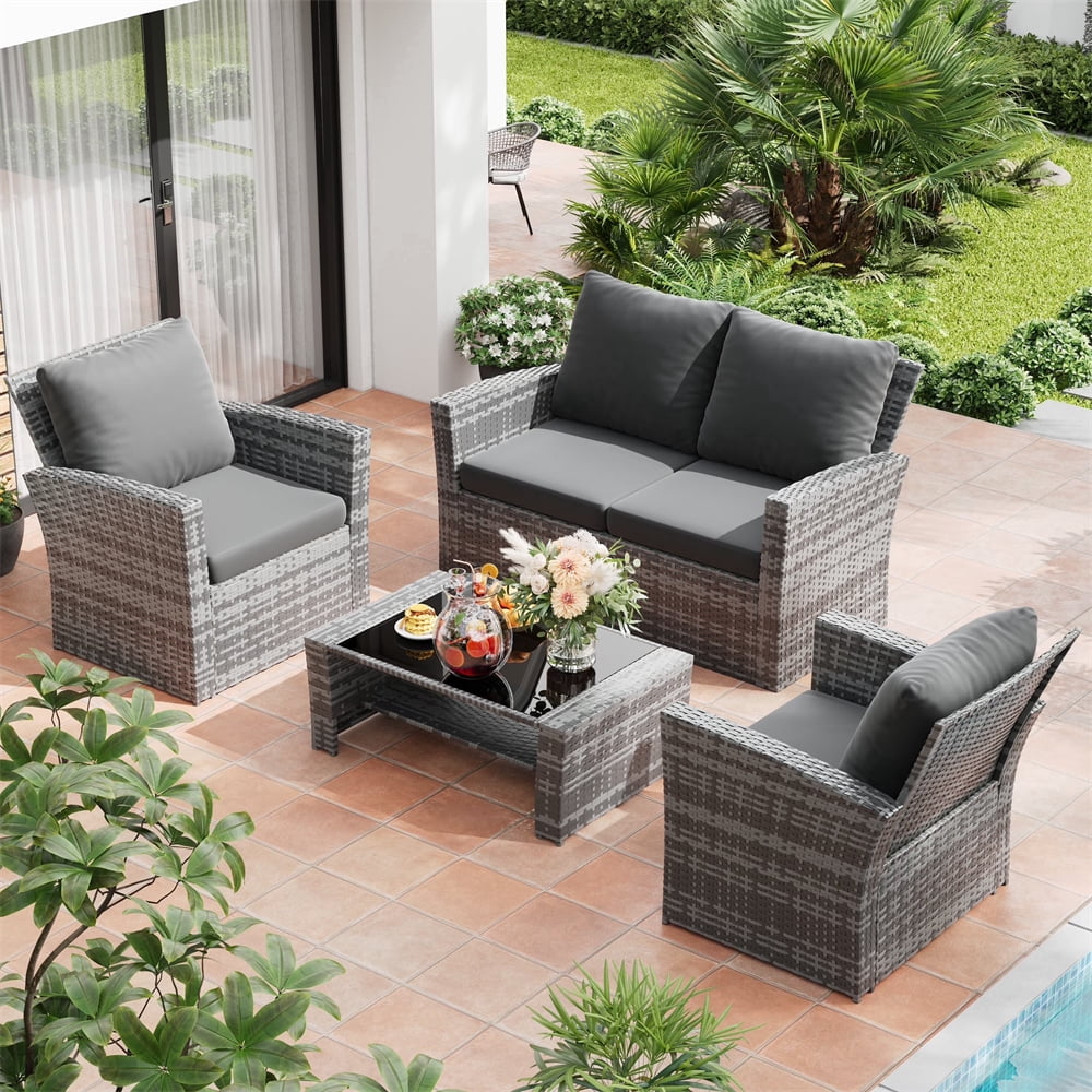 Aminy 4-Piece Patio Conversation Set, Outdoor Rattan Wicker Sofa Furniture with Cushions and Coffee Table (Gray, 4-Piece Set) llmlh