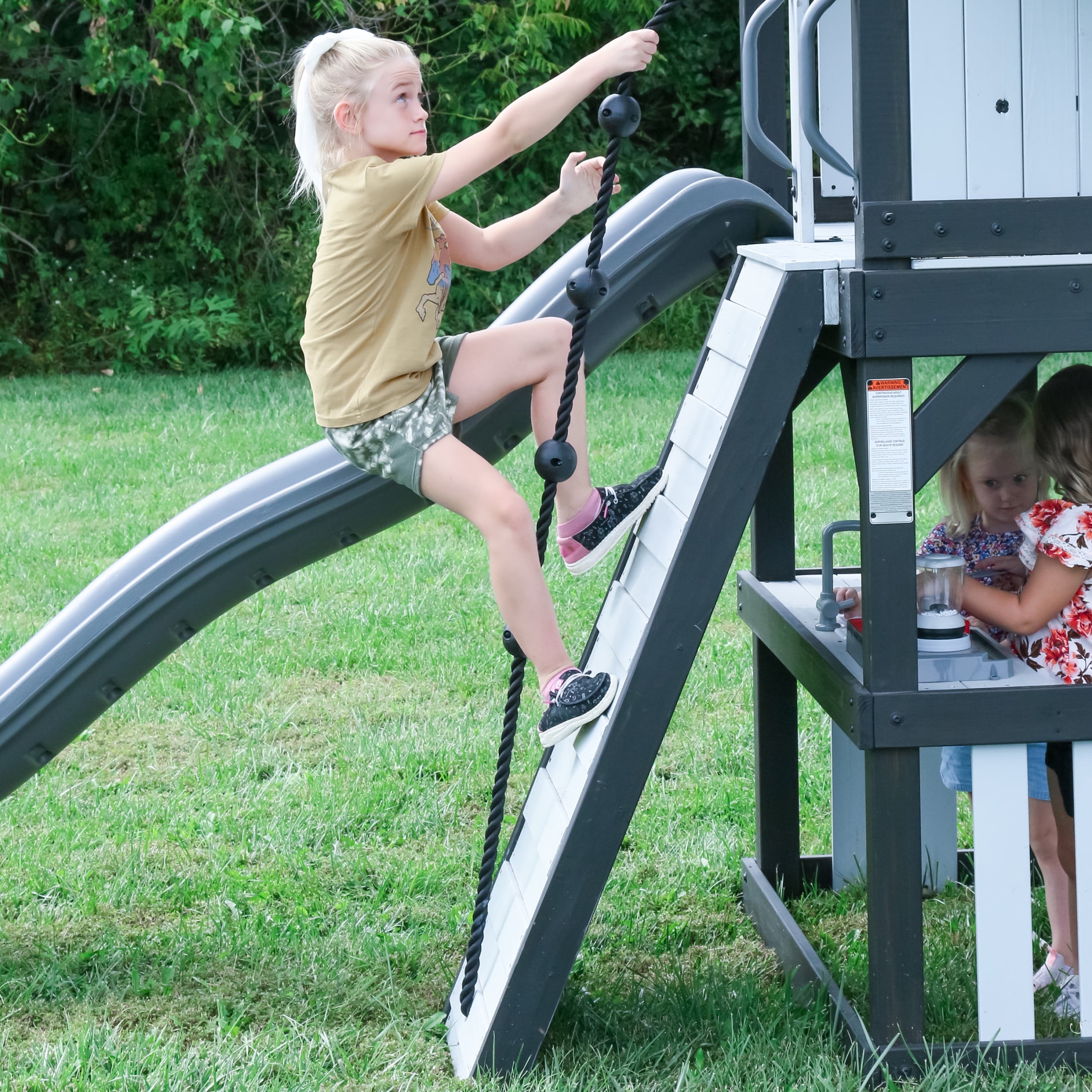 Backyard Discovery Whispering Point Cedar Wood Swing Set with Slide and Clubhouse (Light Gray, 8 ft Slide) 4jq9d