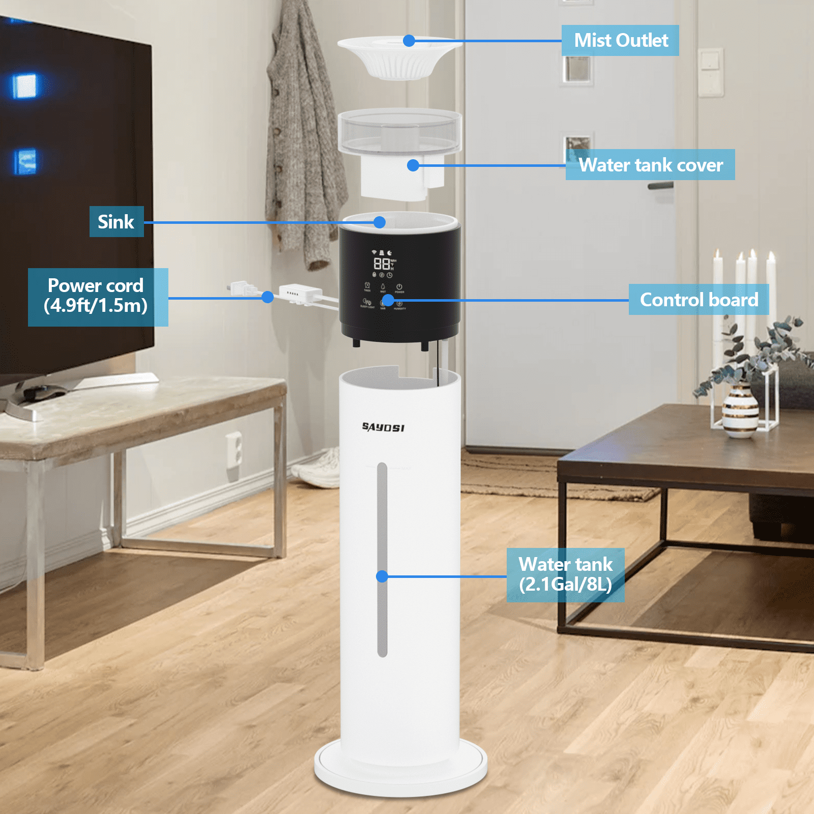 SAHAUHY Smart Cool Mist Humidifier for Large Rooms, App-Controlled Ultrasonic Humidifier with Top-Fill Design (White, 2.1 gal) n3ezc
