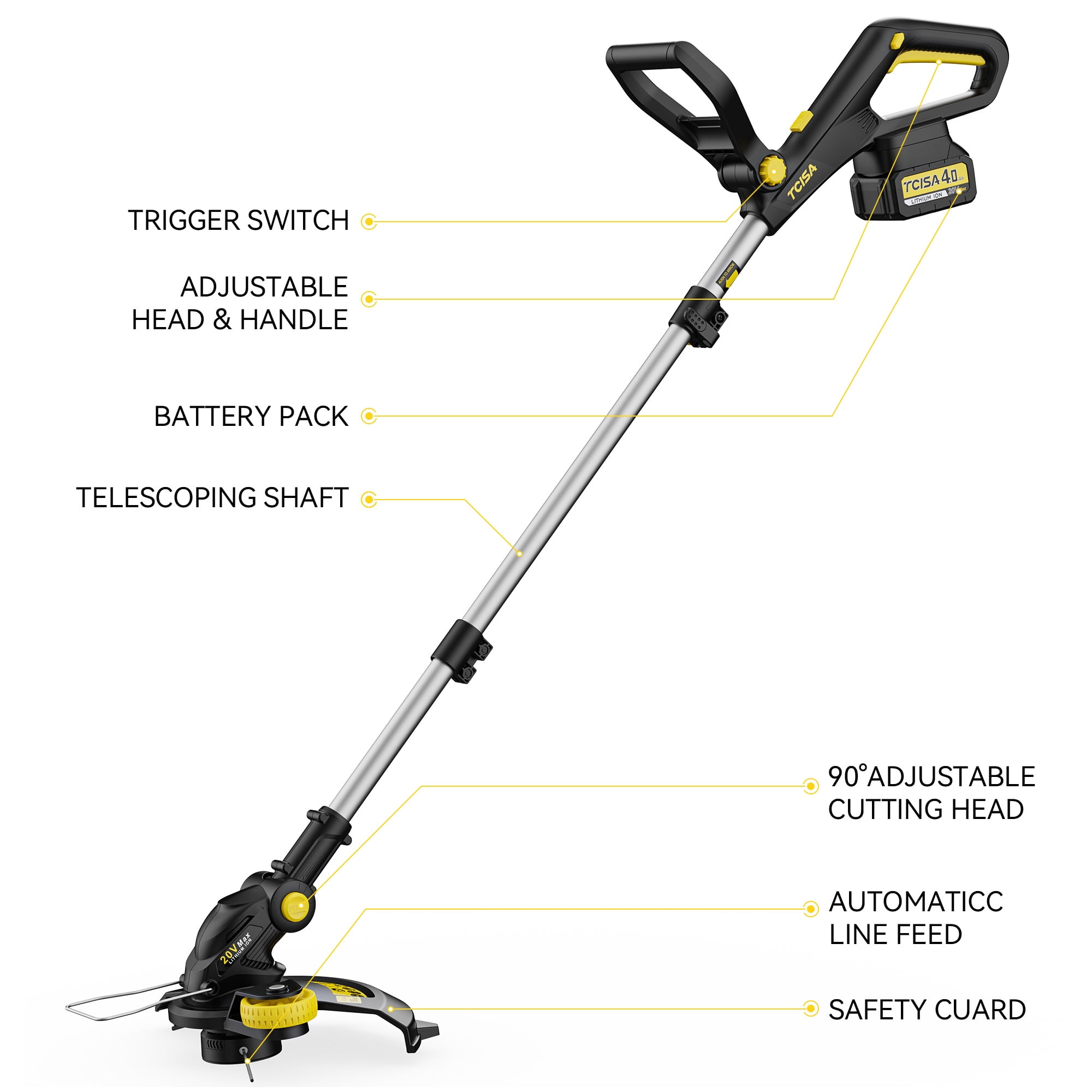 Tcisa Electric String Trimmer and Lawn Edger, 20V Cordless Weed Wacker with 4.0Ah Battery and Charger (12 in) y0bkg
