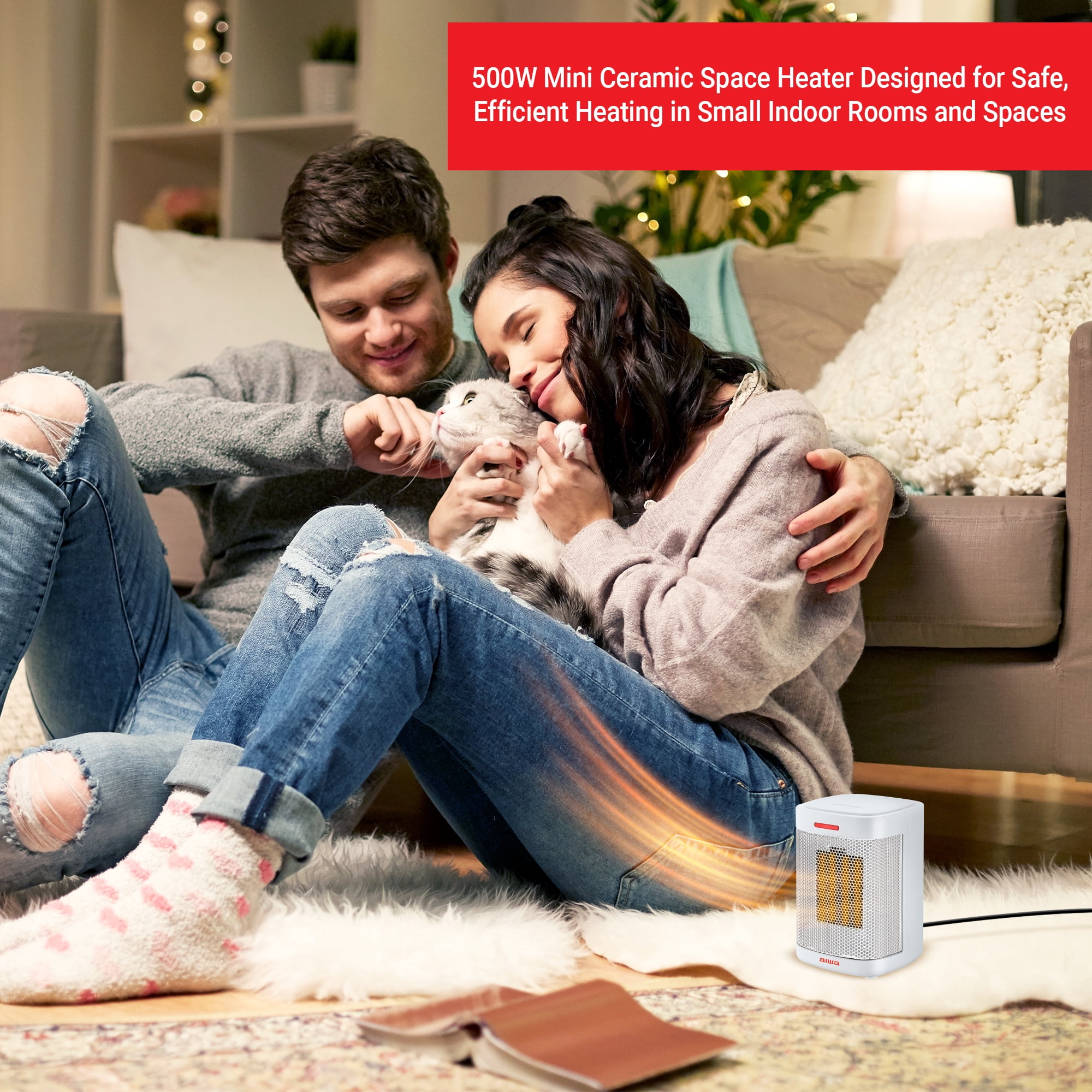 Aiwa Ceramic Space Heater, Mini Portable Electric Indoor Heater with Overheat Protection (White, 6 in x 4.3 in x 4.3 in) preor