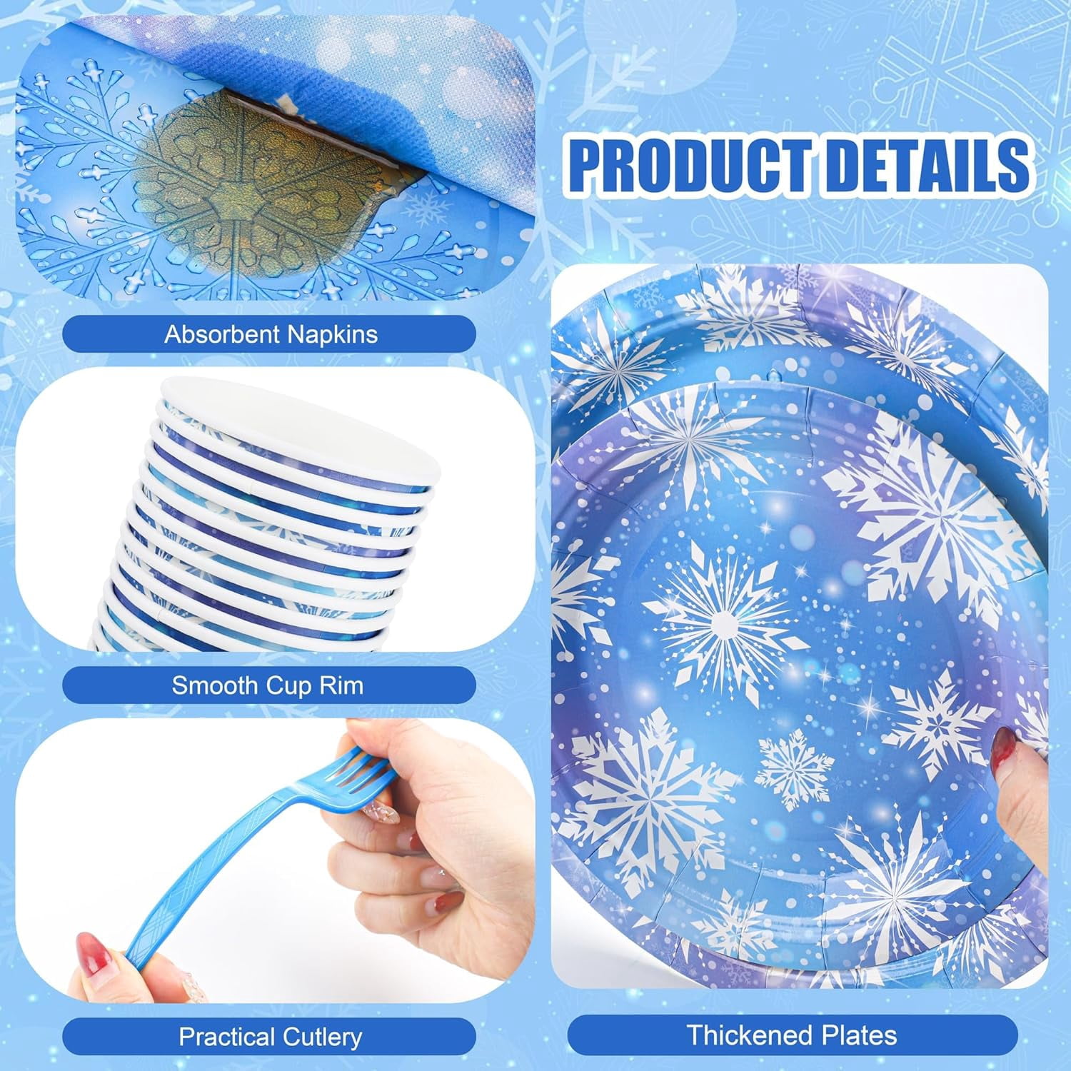 Generic Frozen Party Supplies Set Snowflake Tableware for 50 Guests (White/Blue, 350 Pieces) s9efh