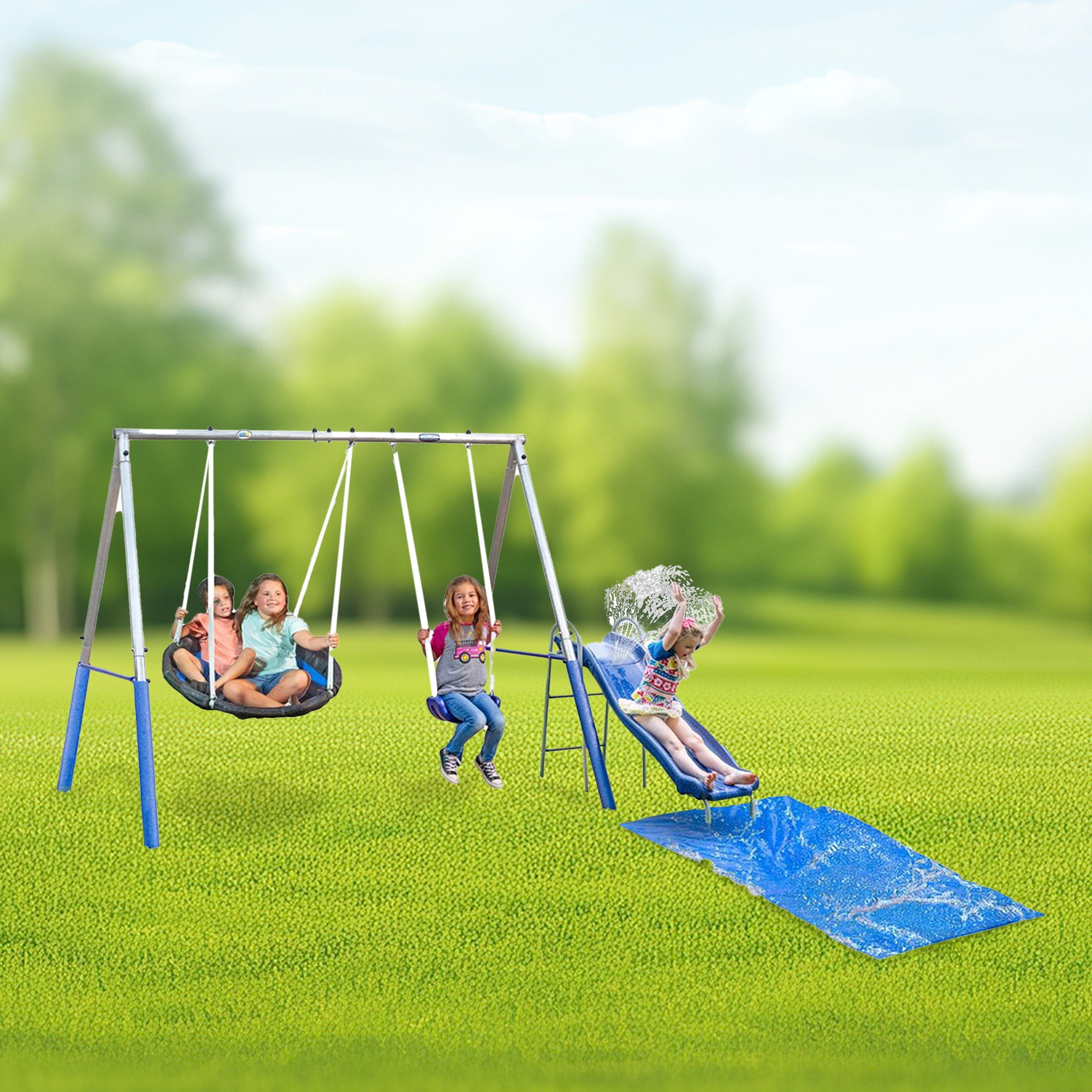 XDP Recreation Outdoor Swing Set with Wave Water Slide and Disc Swing (Black, 118 in x 91 in x 74 in) fv6bb