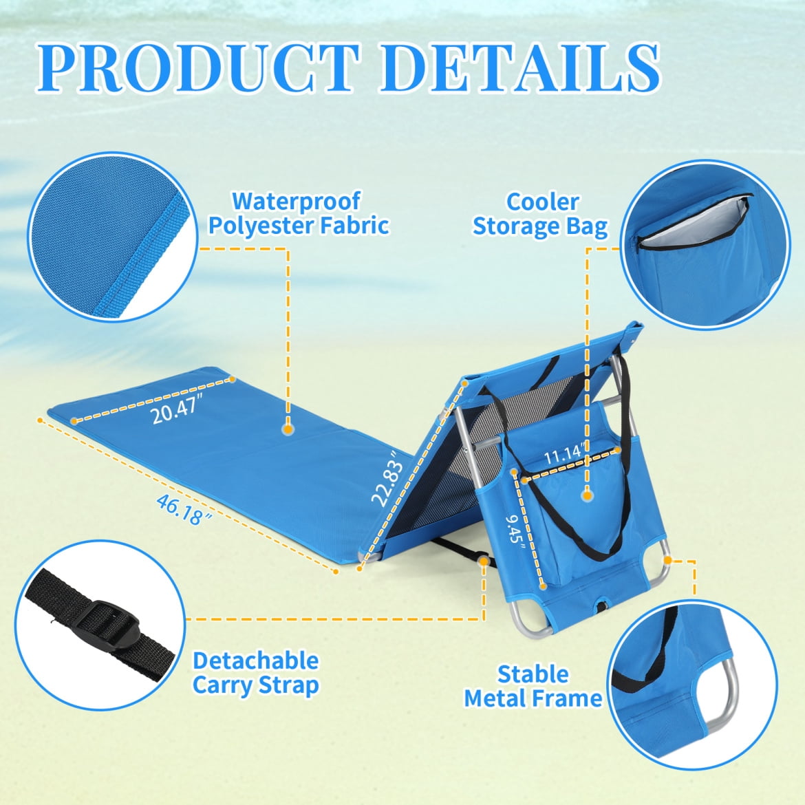 voqoomkl Foldable Beach Lounger Chair with Mesh Back and Cooler Pocket (Blue, 3.3 lb) pijga
