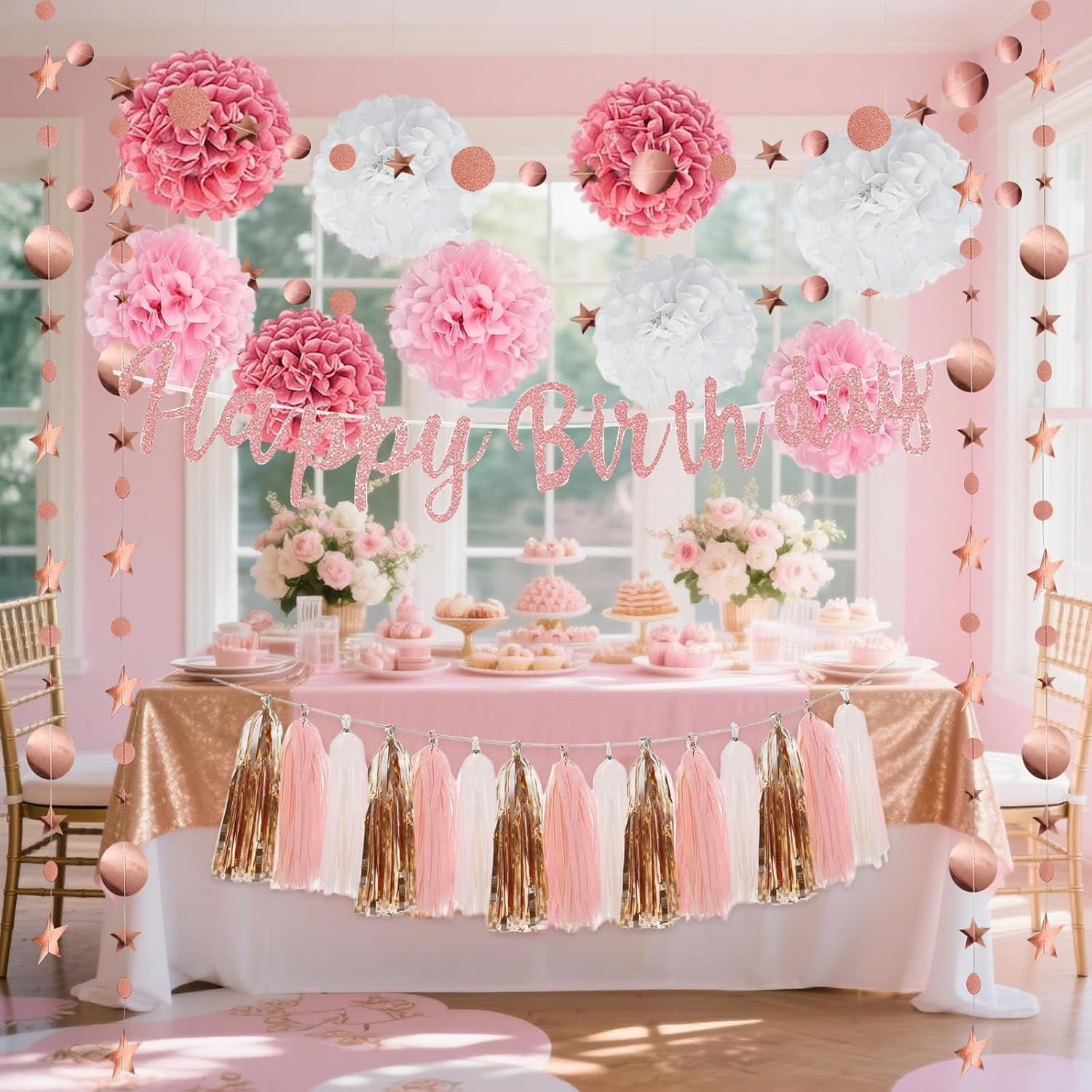 LeeHaven Birthday Party Decorations Set, Rose Gold Glittery Banner and Paper Garland Kit (Pink, 1 Set) 4cot3