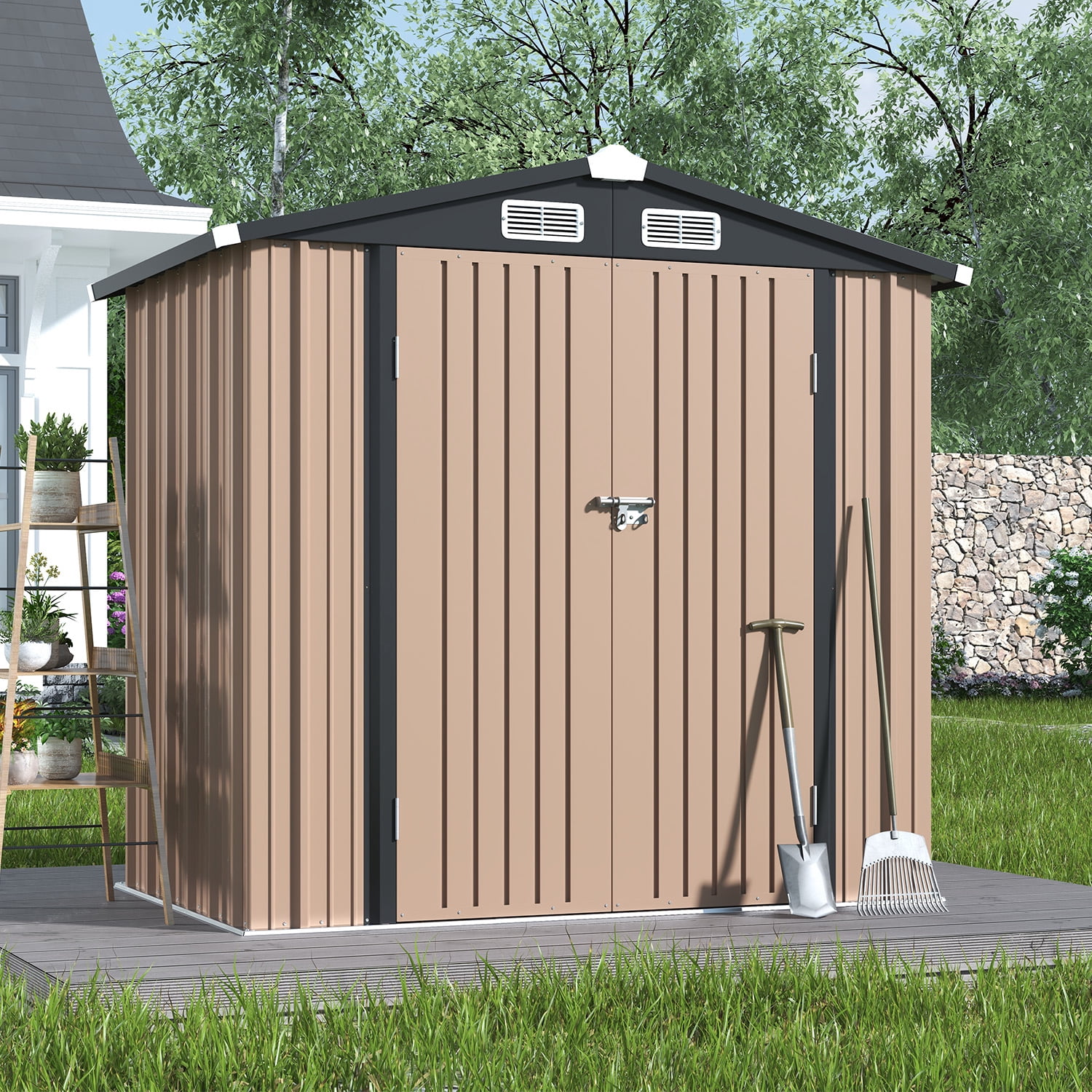 Clouddwell Outdoor Storage Shed, Heavy-Duty Metal Garden Shed with Lockable Doors (Brown, 6 ft x 4 ft) zh4dj
