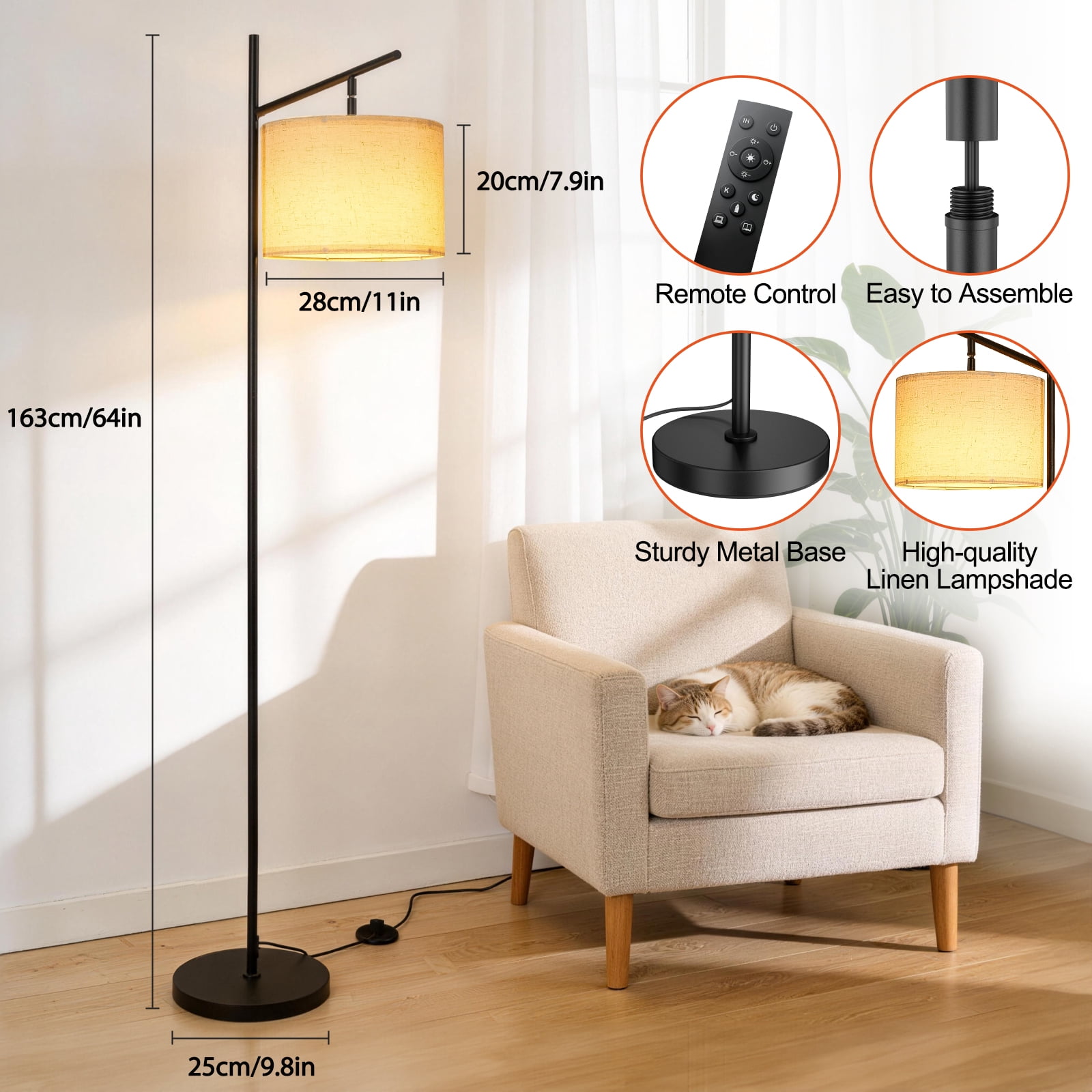 LZNIOZ Modern LED Floor Lamp with Remote Control, Dimmable Standing Light with Fabric Drum Shade (Black, 64 in) at4bc