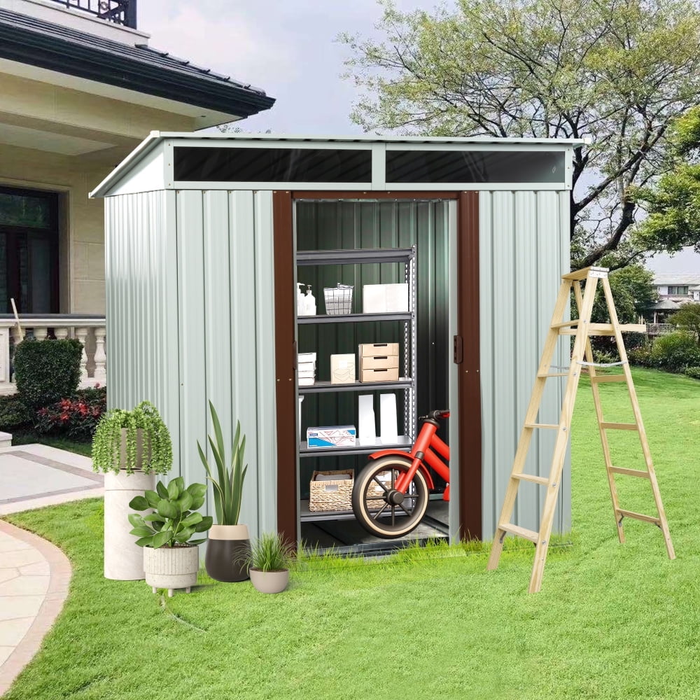 Generic Outdoor Metal Storage Shed, Weather-Resistant Garden Tool Organizer with Sliding Doors (White, 6 ft x 5 ft) vjf1z