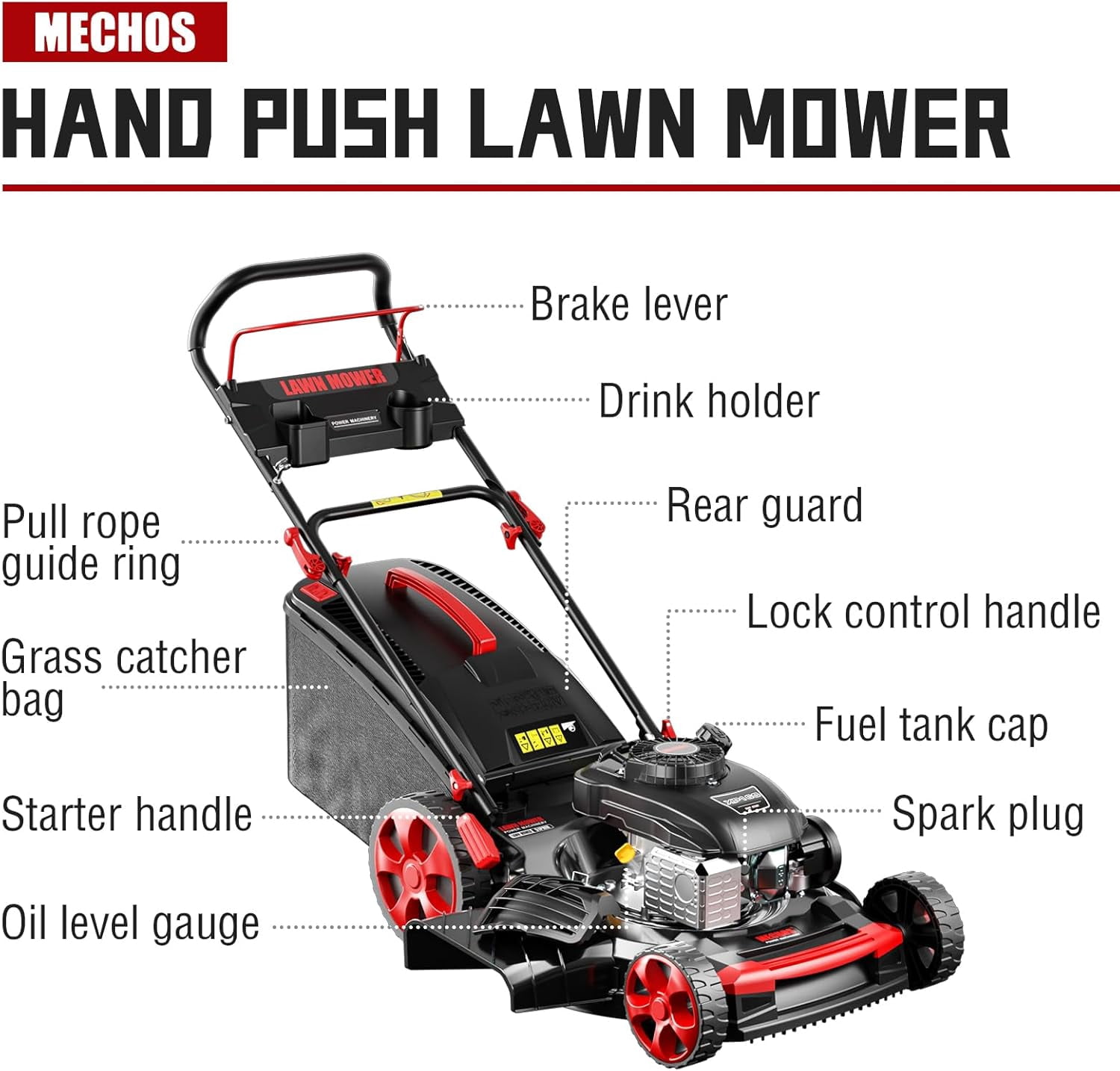 Baotree Gasoline Push Lawnmower, 210cc 4-Stroke Engine, Adjustable Speed & Height (Black, 21 in) 5jzn1