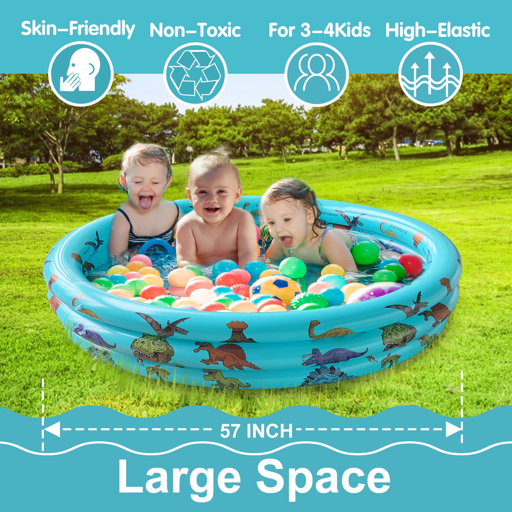 10Leccion Dinosaur Inflatable Kids Pool, Durable Round Swimming Pool for Toddlers, Portable Ball Pit (Blue, 57 in x 15 in) 6a2il