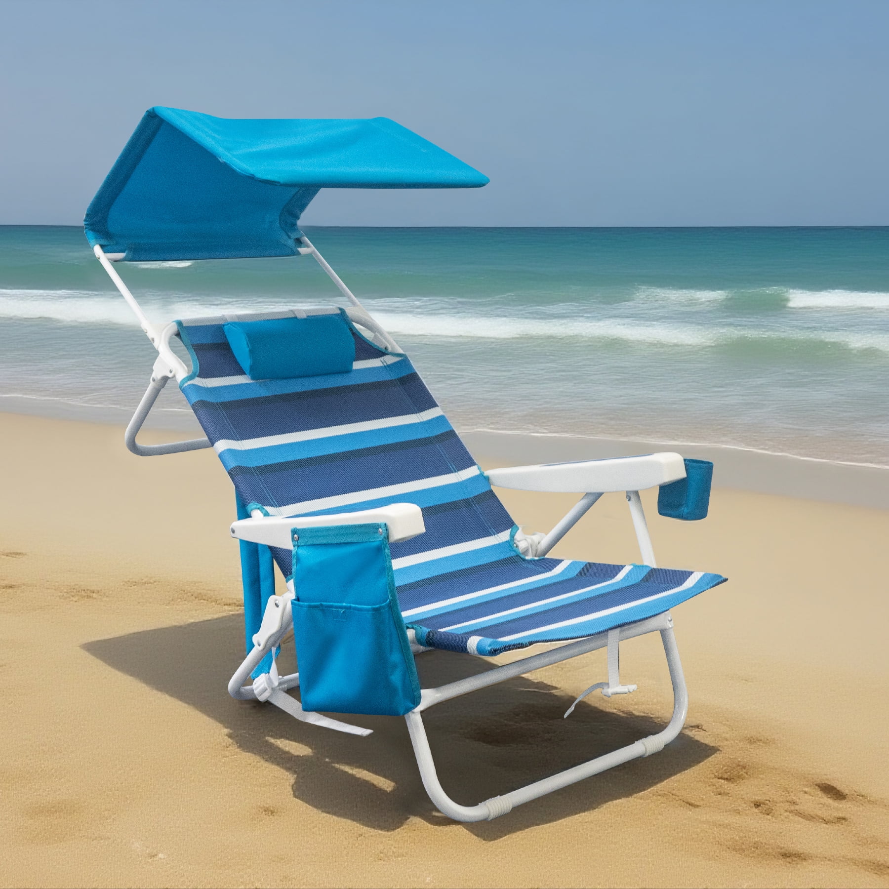 WILDYEE Double Camping Chair Heavy Duty Folding Loveseat with Sun Canopy and Cup Holders (Blue Stripe, 2 Pack) alb5d
