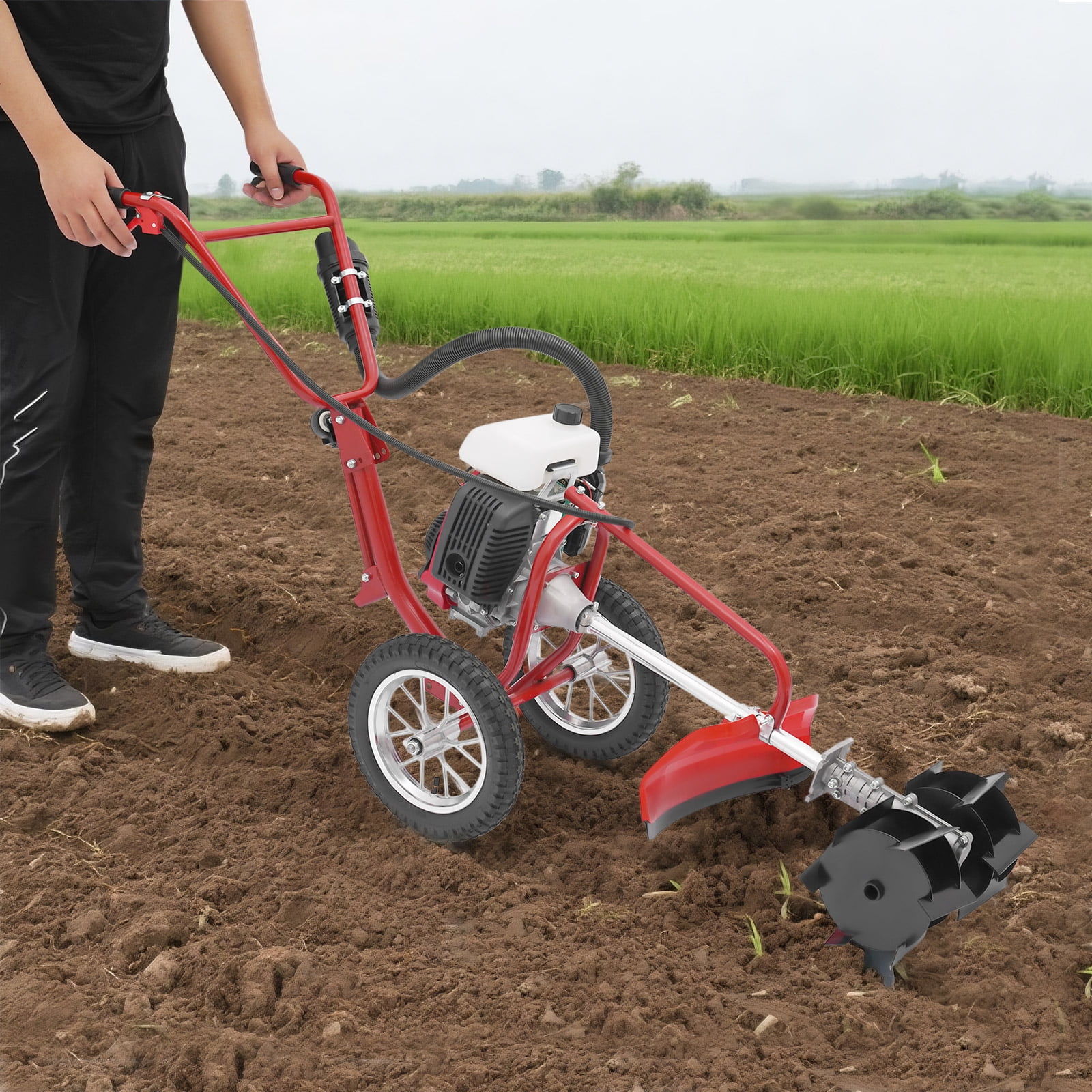 TFCFL 4-Stroke Gasoline Cultivator, Powerful 4 HP Engine, Handheld Tiller for Garden and Farm (63cc, 240 RPM) 16zgh