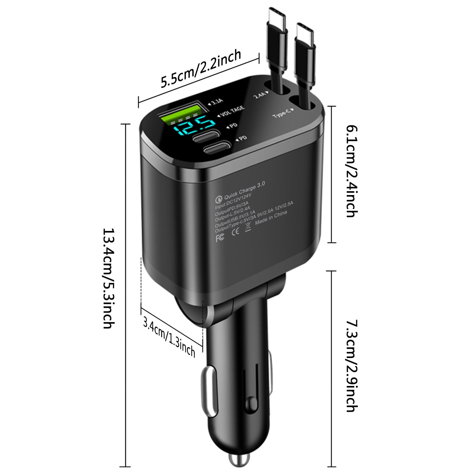 JcBlaon 66W Retractable Car Charger 4-in-1 Fast Charging Adapter with Voltage Monitor (Black, 5.5 x 2 x 1.29 in) sbwpr