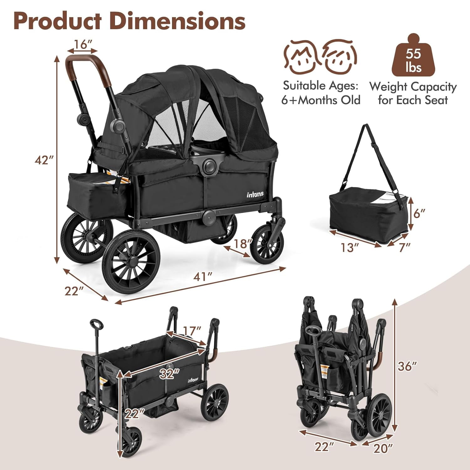 INFANS 2-Seater Wagon Stroller, Collapsible Double Stroller with Adjustable Canopy and Snack Tray (Black, 41 in x 22 in x 42 in) 0vei3