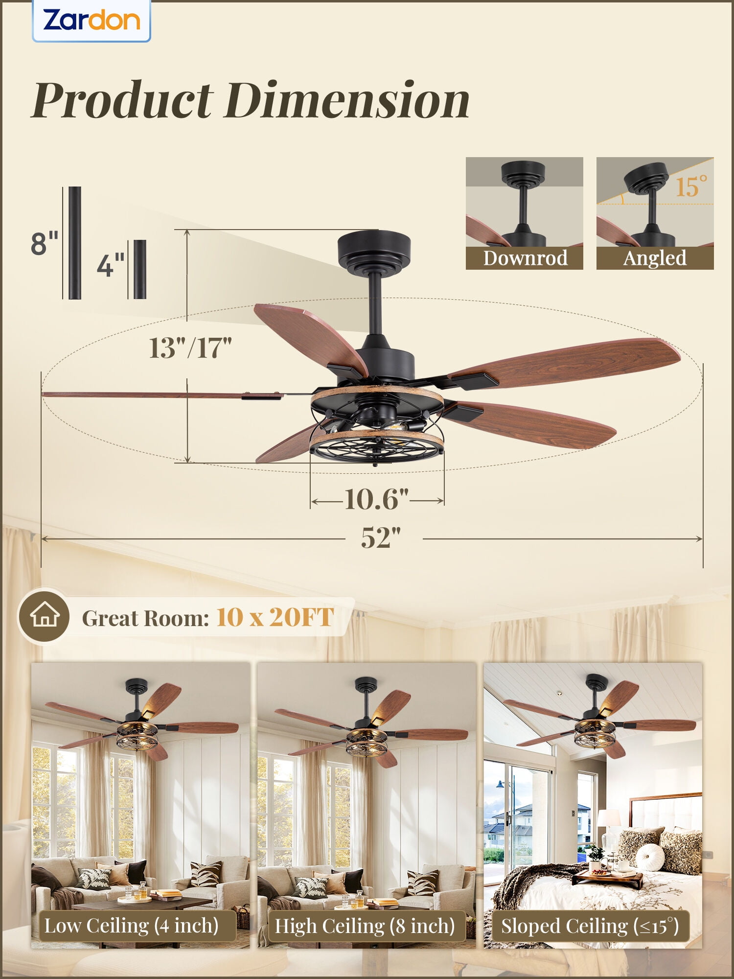 Zardon 52 in Ceiling Fan with Light and Remote Control, Brushed Nickel Finish, 6-Speed DC Motor, Reversible Blades (52 in) upt6i