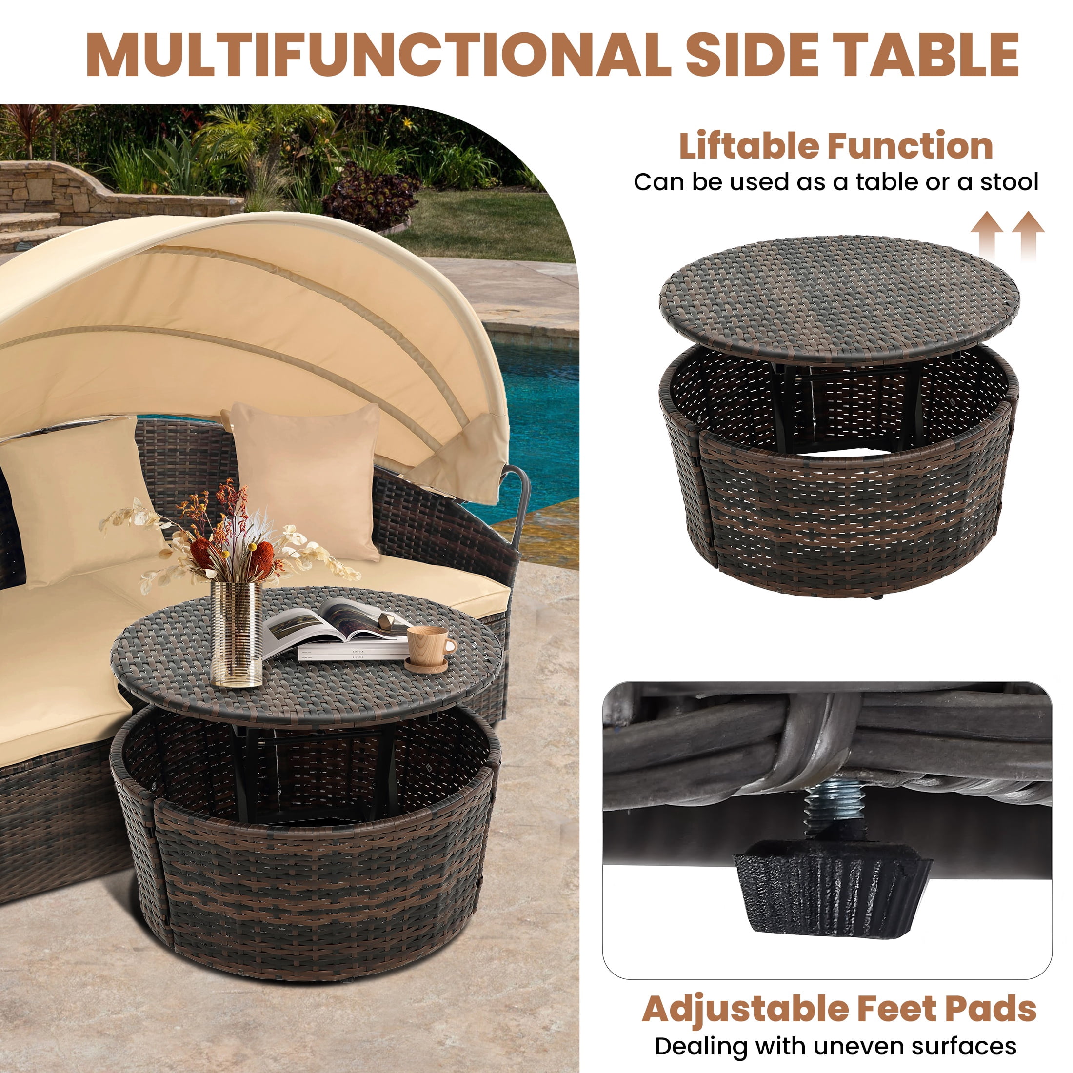 Seizeen 4-Piece Outdoor Patio Daybed with Retractable Canopy, Rattan Wicker Sectional Conversation Set with Lifting Ottoman Table (Khaki, 4-Piece) rnj6u
