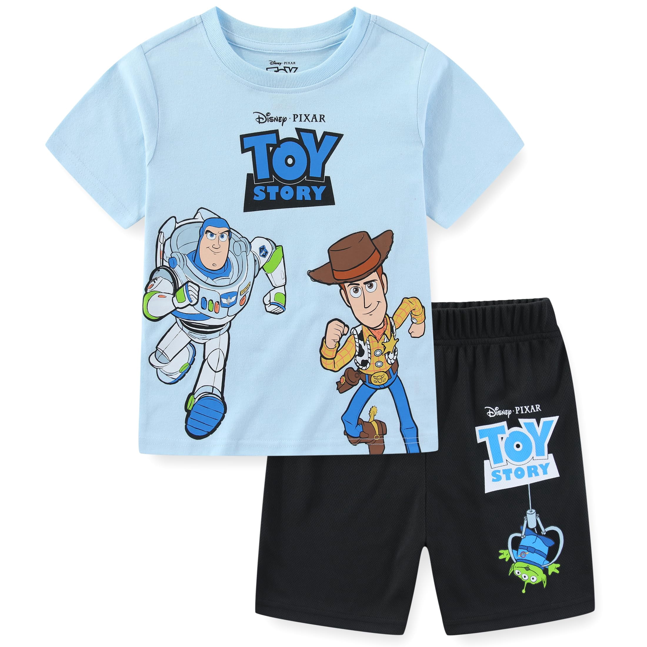 Disney Toy Story Woody and Buzz Lightyear Short Sleeve T-Shirt and Shorts Outfit Set (Blue, 2T-7) b4to3