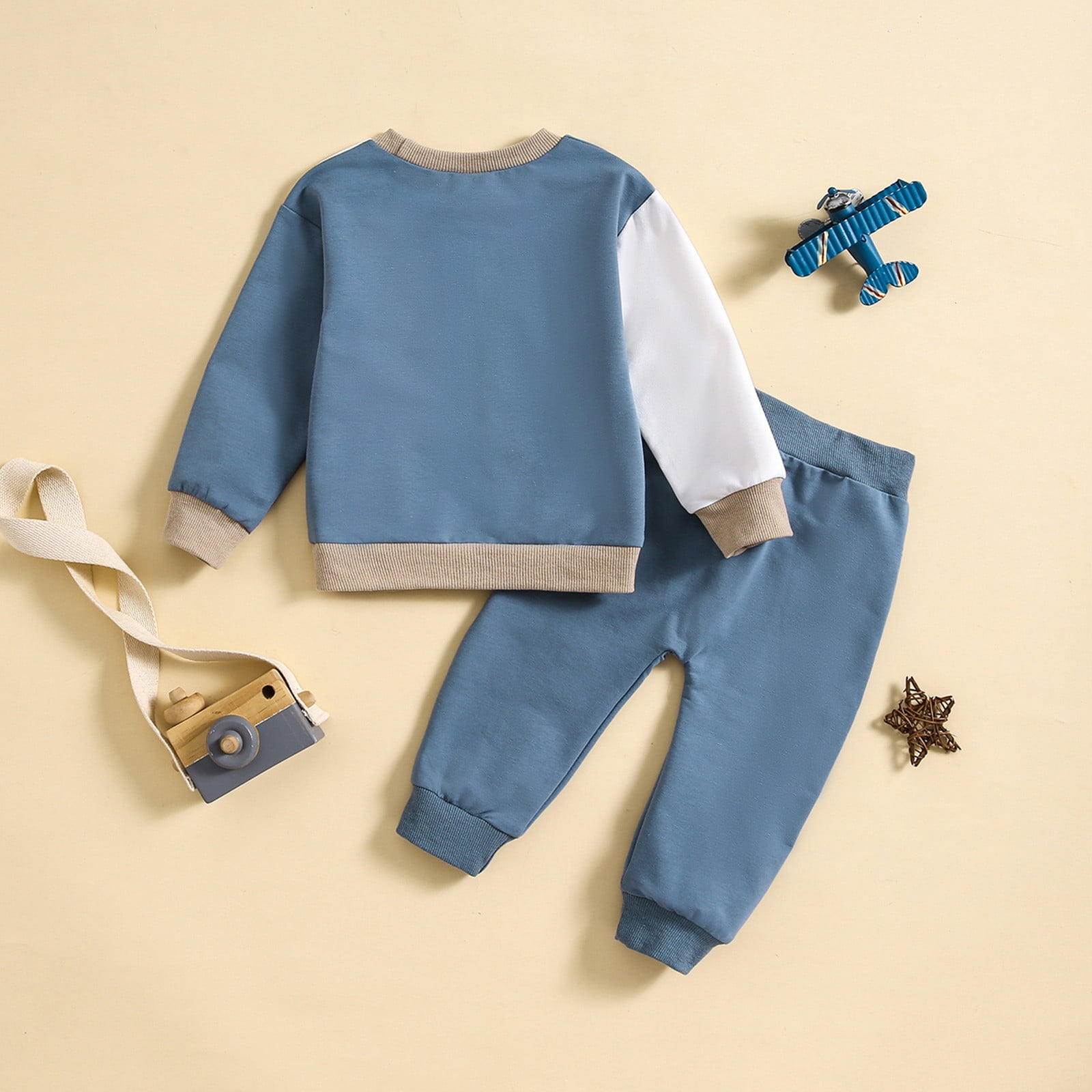 HCNTES Toddler Boy Fall Winter Outfit Set Color Block Long Sleeve Sweatshirt and Jogger Pants (Beige, 2-3 Years) 24ddq