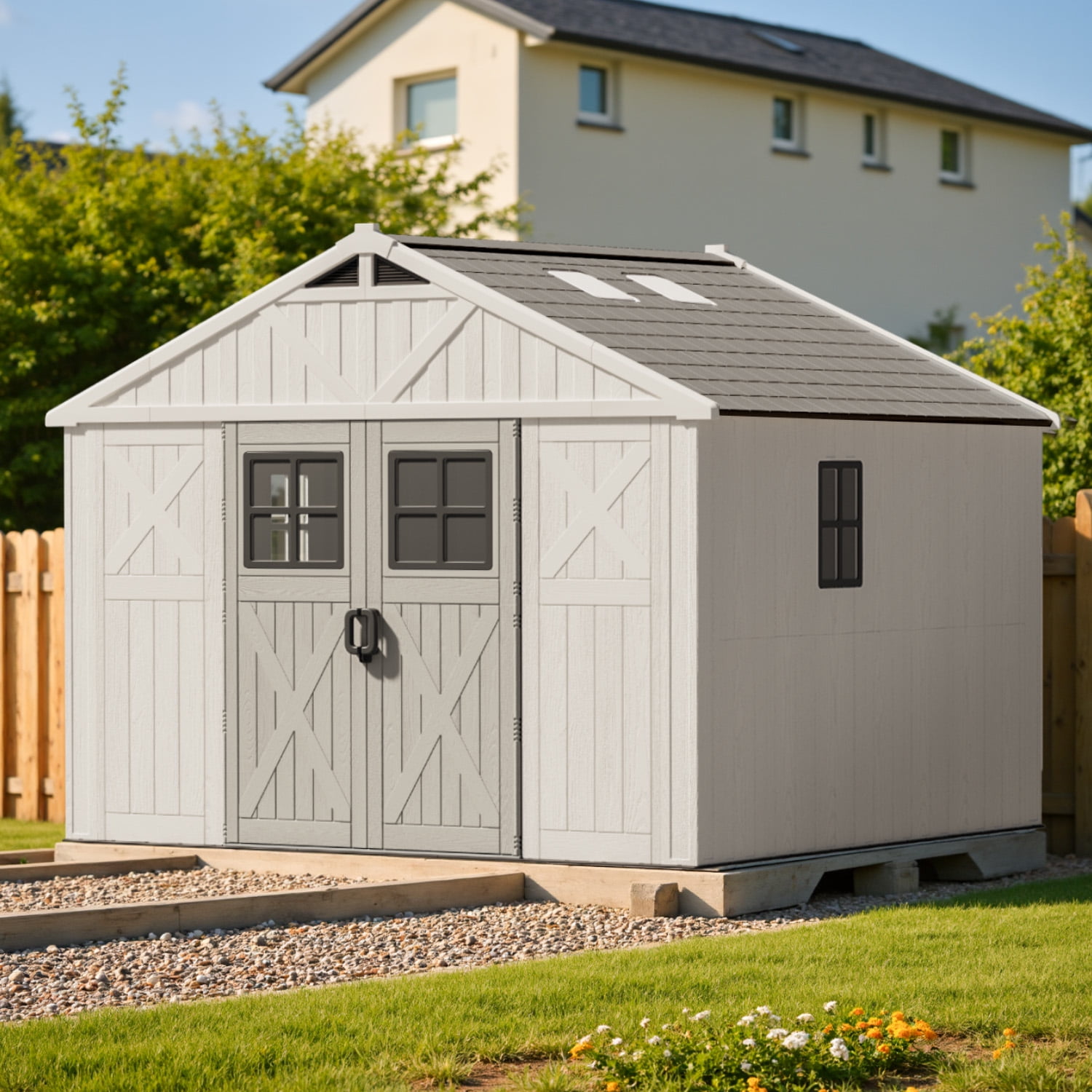 Patiowell 10x10ft Resin Garden Shed with Skylight and Lock, Weatherproof Outdoor Storage for Tools and Equipment (Beige) ijljf