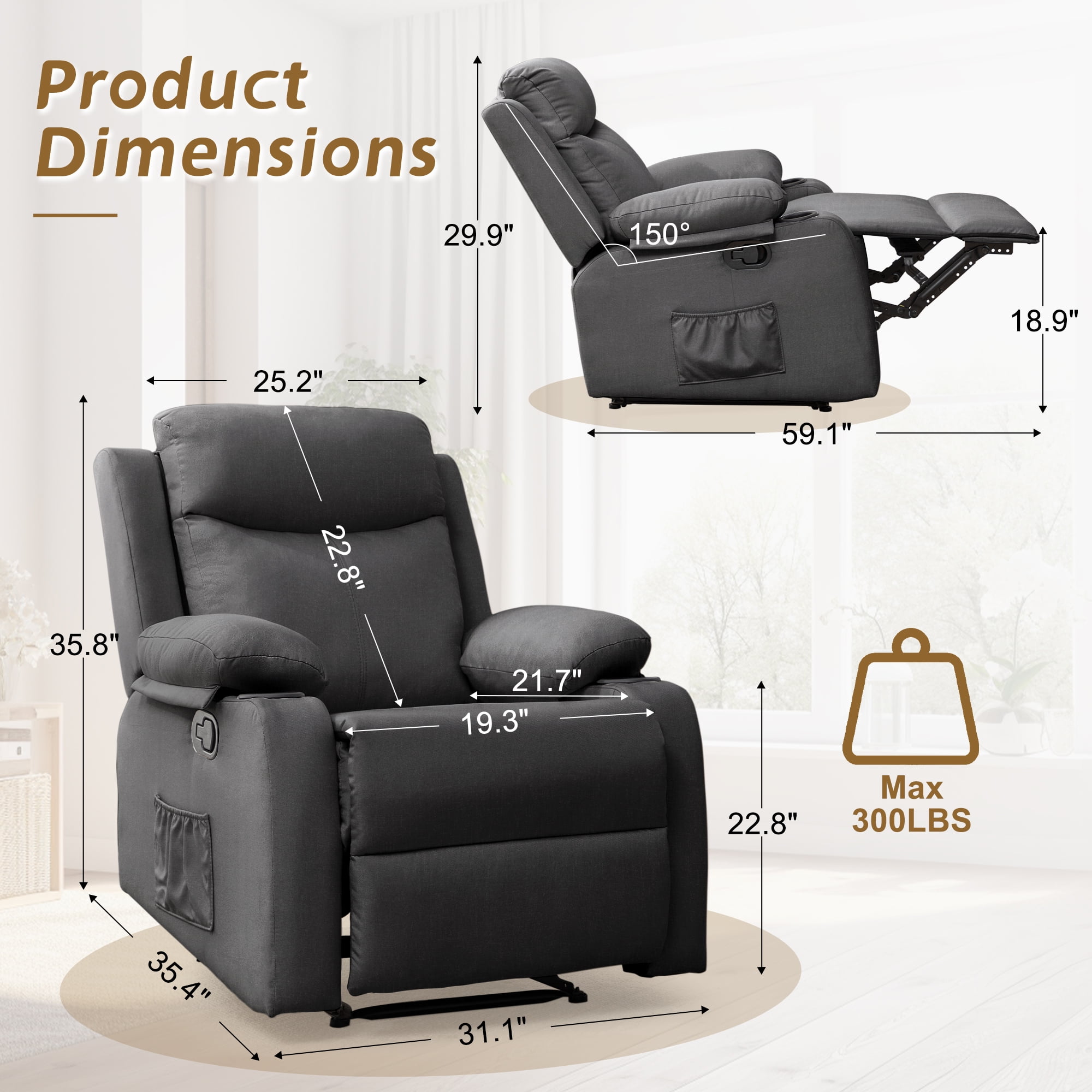 KORSER Manual Recliner Chair for Small Spaces, Breathable Linen Fabric with Cup Holders (Dark Grey, 35.4 in D x 31.1 in W x 35.8 in H) u5p7p