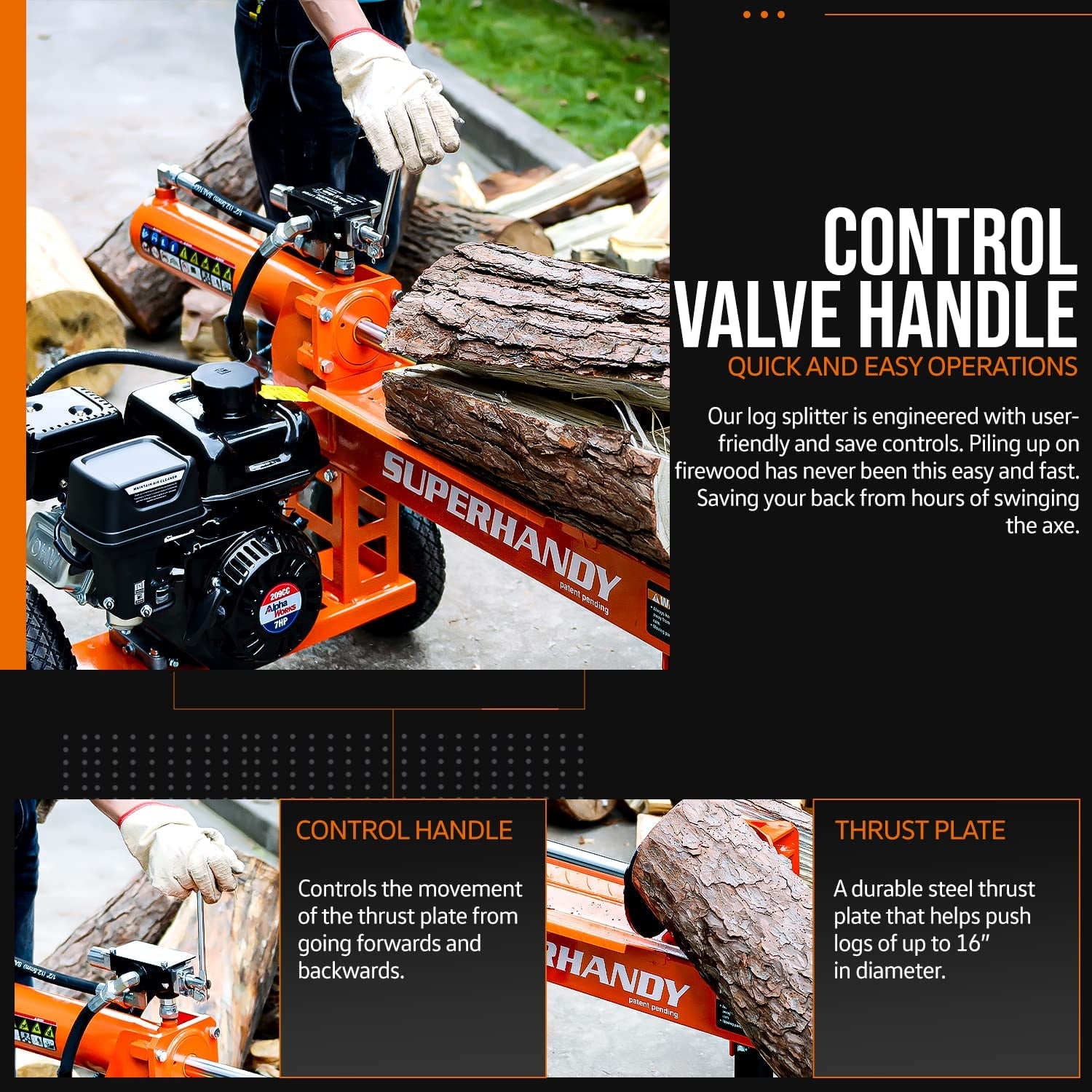 SuperHandy Gas Log Splitter (20 Ton, 7HP 212CC Engine, 16 in Diameter Capacity) m9sbe