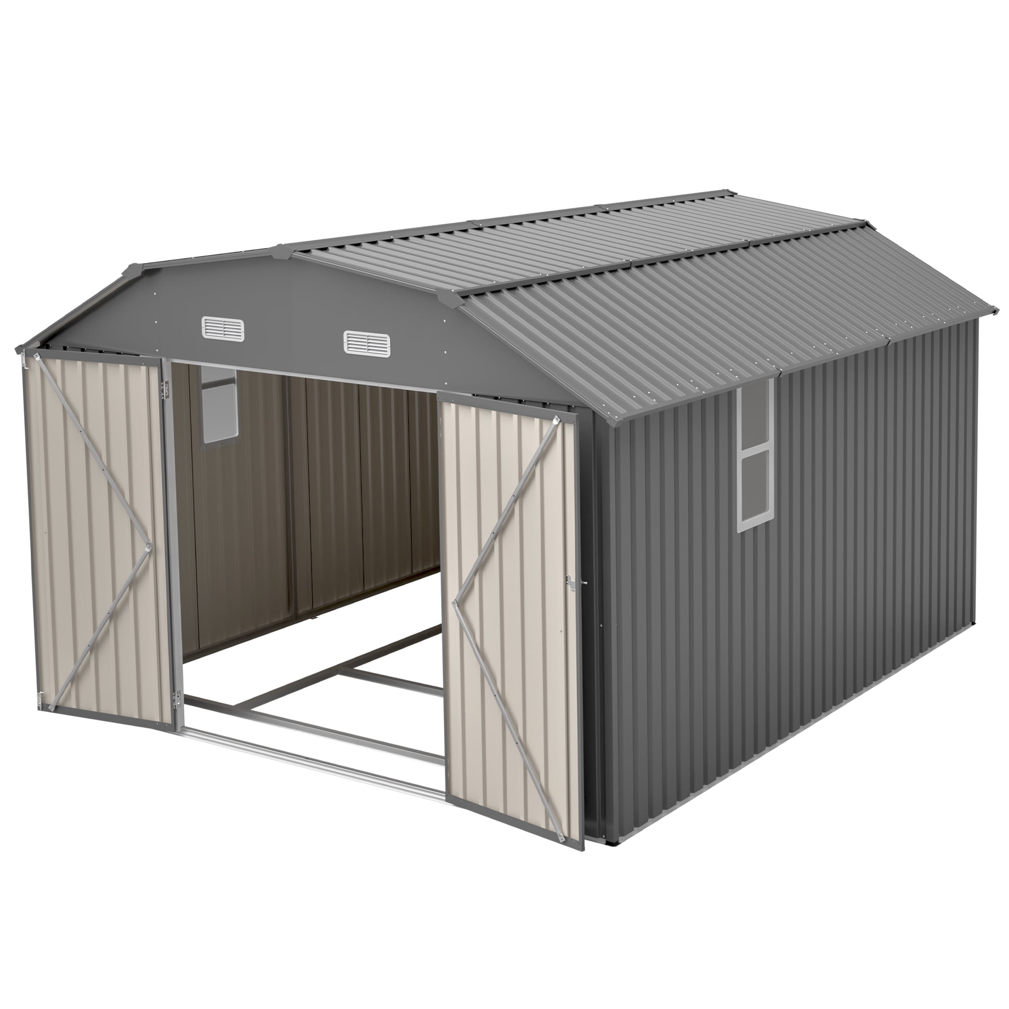 LZBEITEM Metal Outdoor Storage Shed with Floor Frame Kit, Heavy-Duty Garden Tool Shed with Lockable Door and Window (Grey, 10 ft x 12 ft) zqgpg