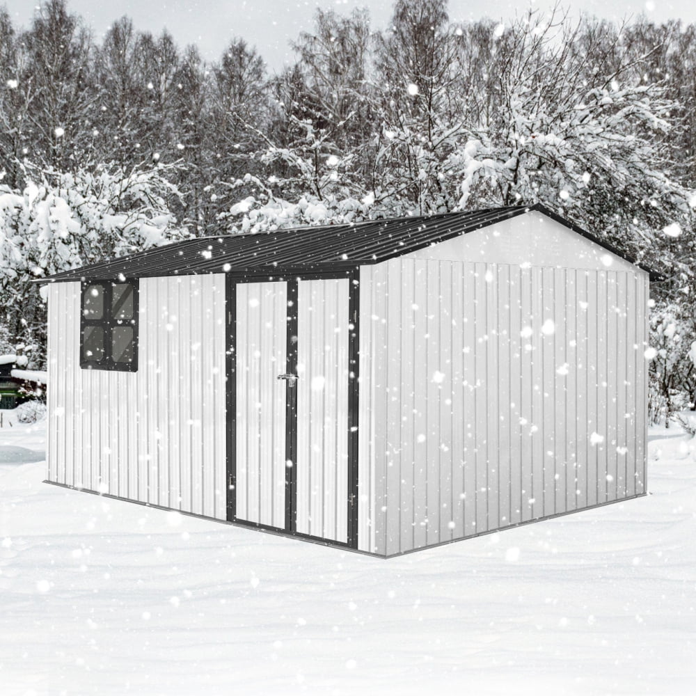 Roninkier Metal Outdoor Storage Shed with Worktable and Shelves (White and Black, 12 ft x 10 ft) 3q59c